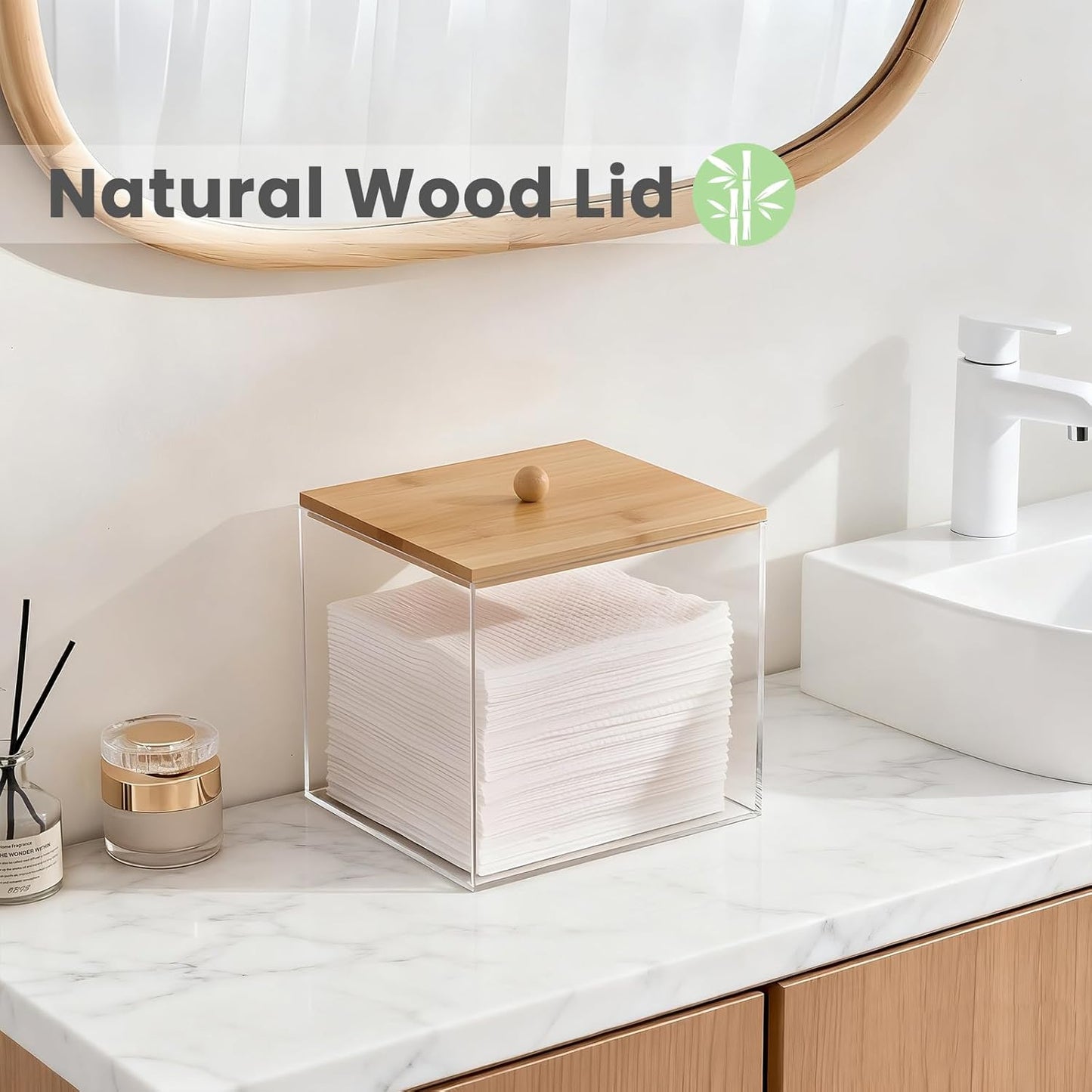 Acrylic Disposable Facial Towels Holder - Clear Storage Bin with Wood Lid | Bathroom Counter Organizer