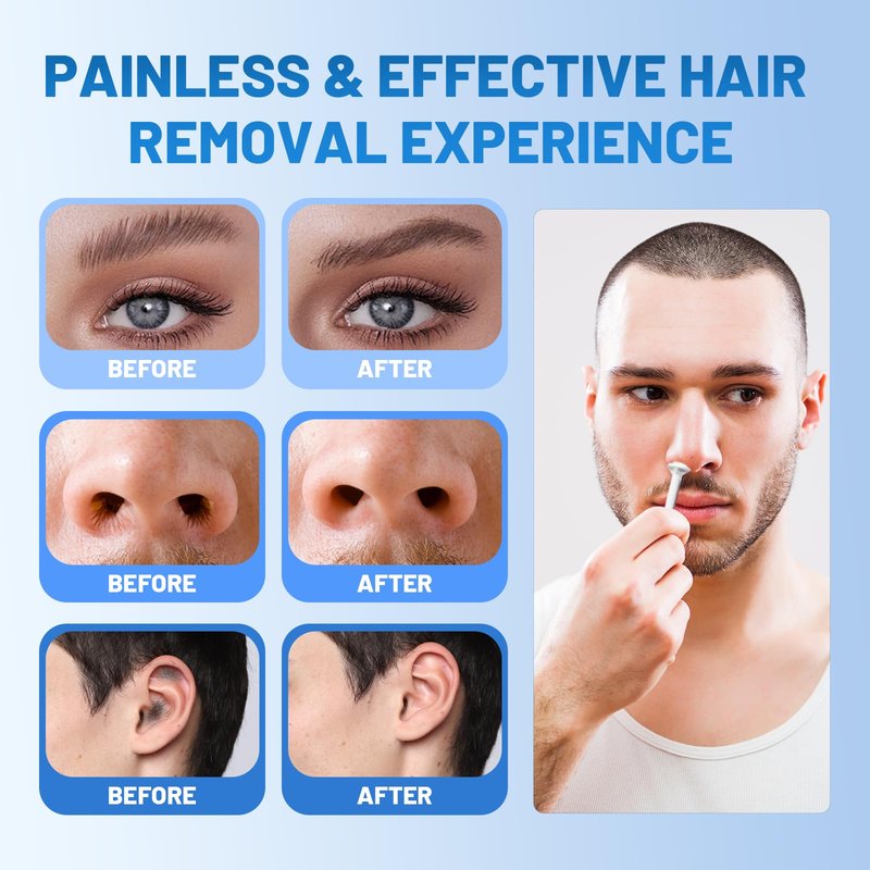 Nose Wax Kit Men, Painless Nose Ear Hair Removal Kit Including 100g Beads, 10 Applicators, 30 Hair Sticks, 10 Mustache and Care Oil, Portable Waxing Kit for Women Men (Blue)