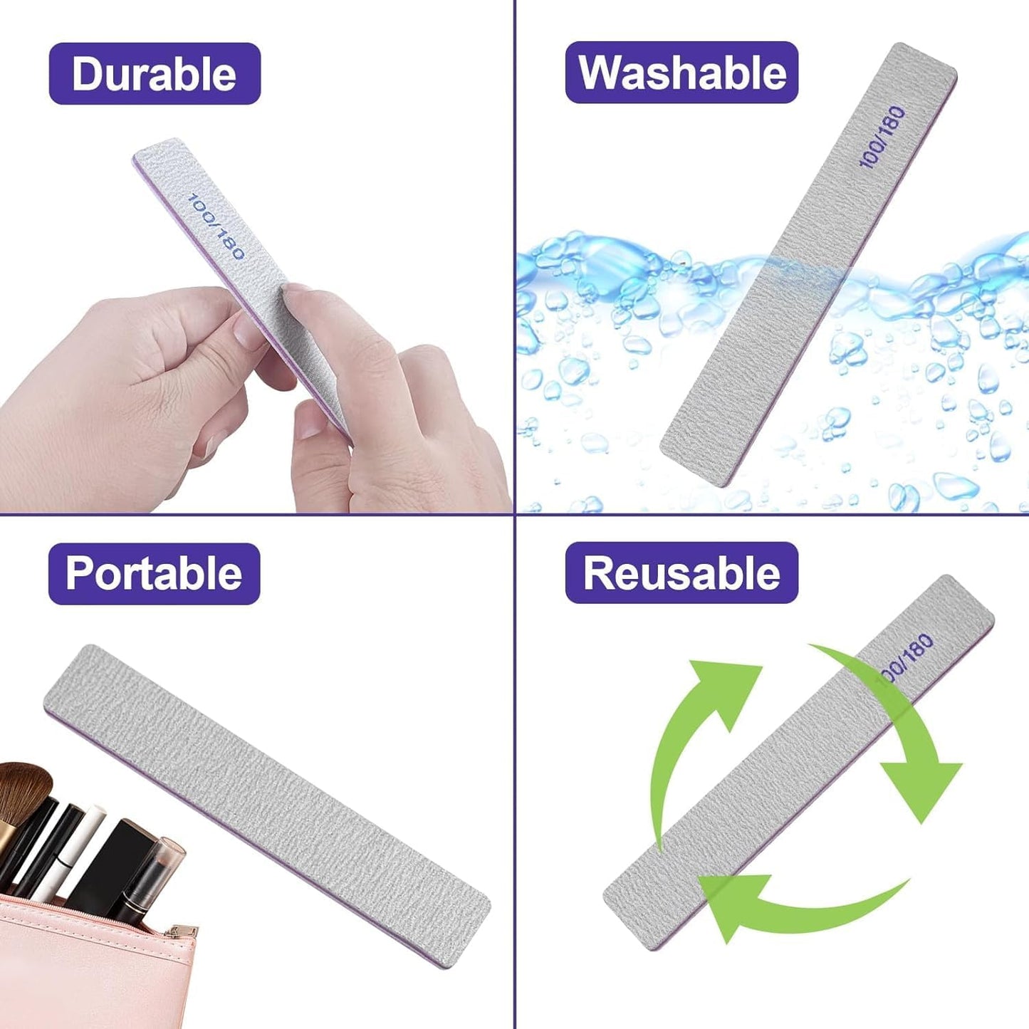 Nail Files - 12 Pack 100/180 Grit Emery Boards for Natural & Acrylic Nails | Double-Sided Reusable Manicure Tools in Gray