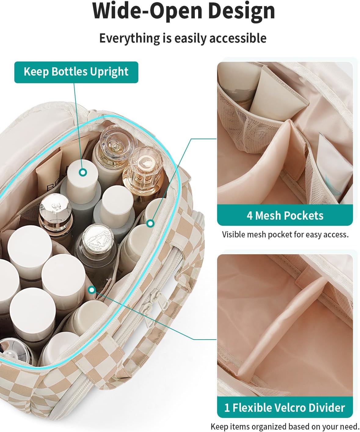 Checkered Travel Toiletry Bag for Women - Large Makeup Organizer with Handle | Light Brown Checkerboard