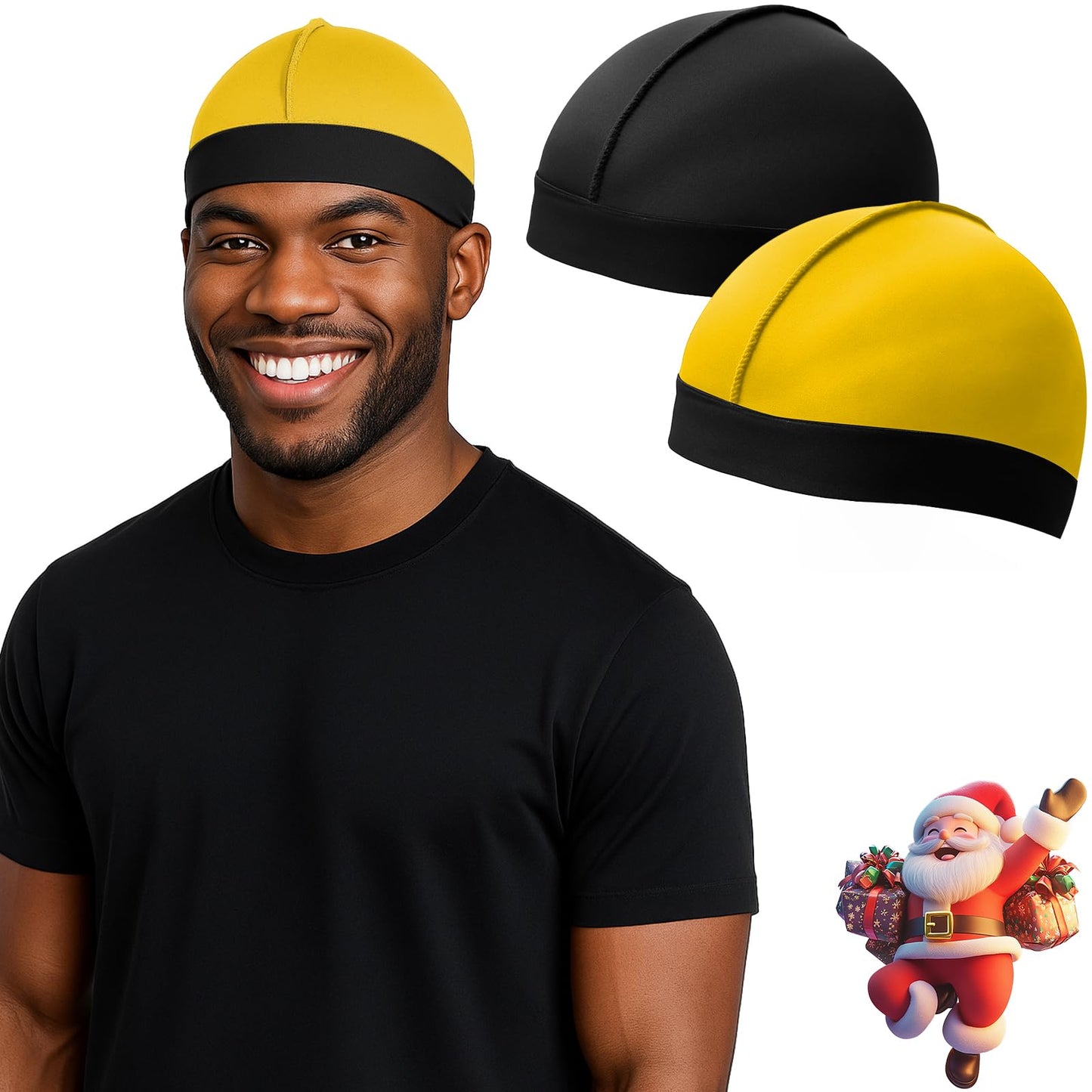 DURALA Adjustable Wave Caps for Men, Premium Elastic Stocking Cap for 360 540 720 Wave (Black+Gold)