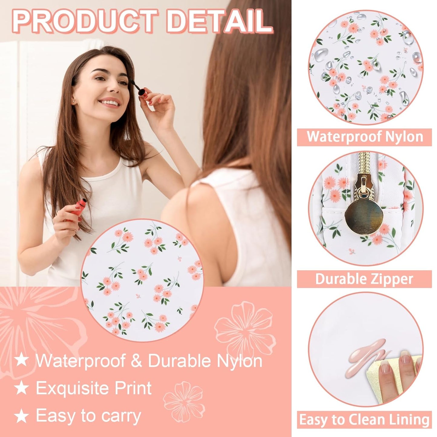 Waterproof Mini Floral Makeup Bag - Nylon Travel Pouch for Women | Cute Zipper Toiletry Organizer (Mini White-Flowers)