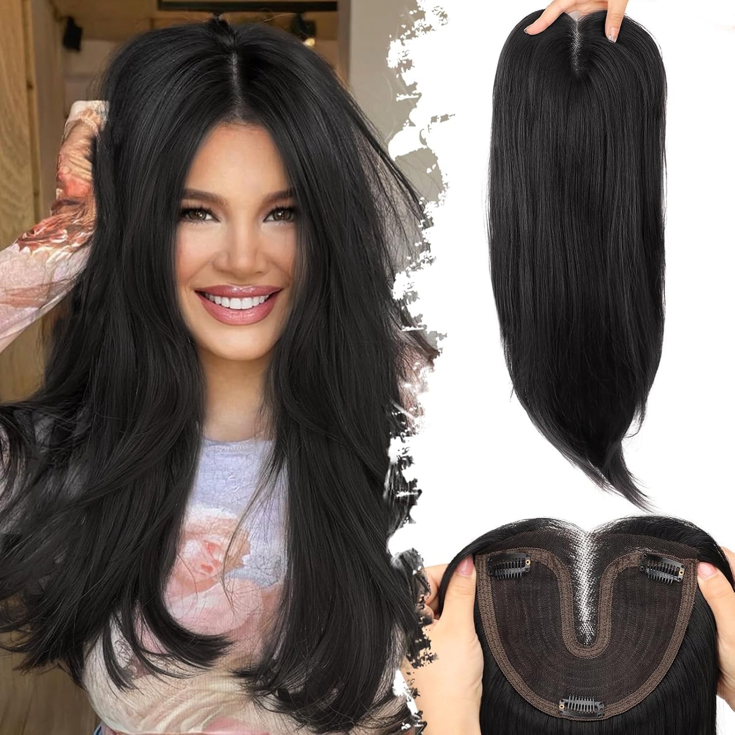 Black Synthetic Hair Toppers for Women - 5x6 Inch Large Base, Clip-In Wispy Bangs, 24 Inch Long Layered