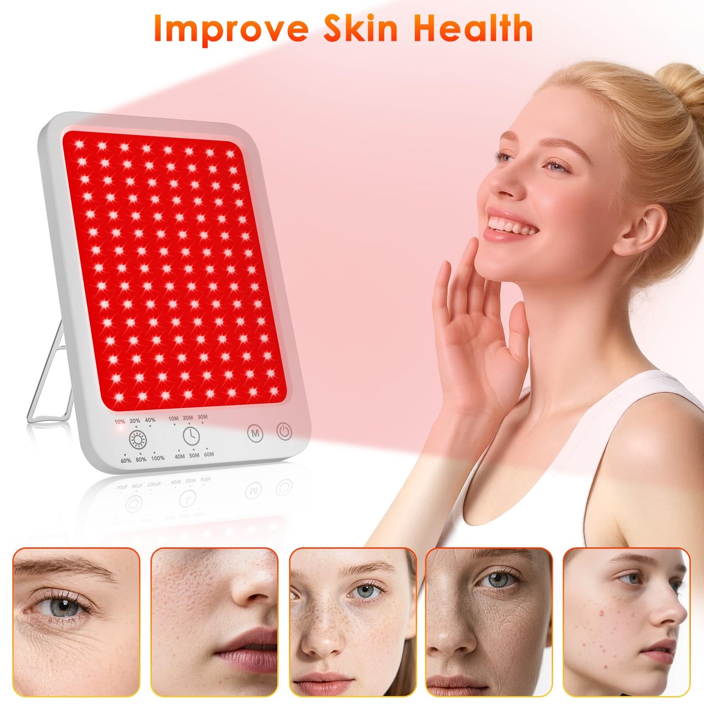 Red Light Therapy for Face Body, Red Light Panel with Adjustable Stand, 660nm and 850nm Near Infrared Therapy Lamp with 3 Modes, 6 Adjustable Brightness and Timer, Home and Travel Use,Gift for Women
