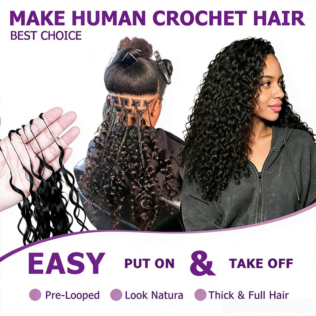 Burmese Curly Crochet Human Hair 16 Inch 60g 16A Raw Feather Crochet Human Hair Miracle Knots Pre‑Separated Lightweight Reusable Burmese Curly Hair Extensions 100% Virgin Human Hair Natural Black