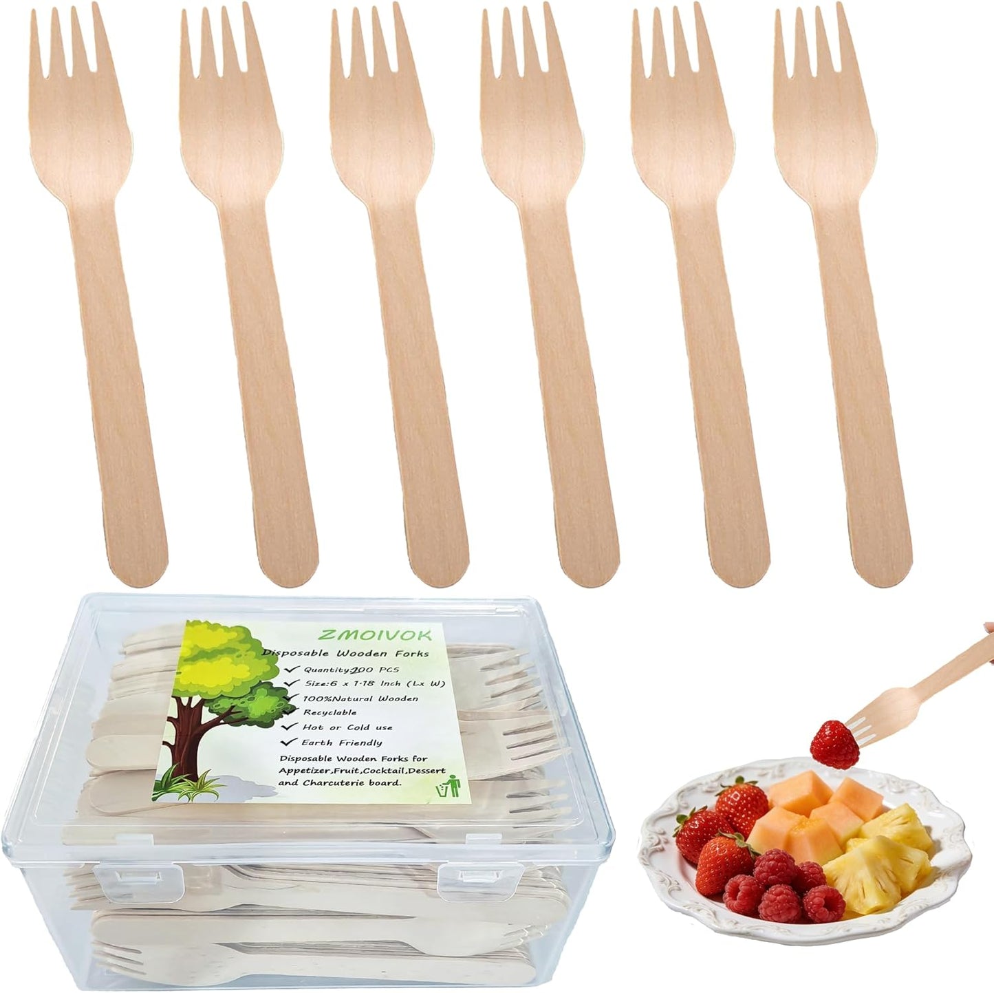 Disposable Wooden Forks - 200 Pack Biodegradable Charcuterie Utensils | 6-Inch Eco-Friendly Forks for Parties & Picnics