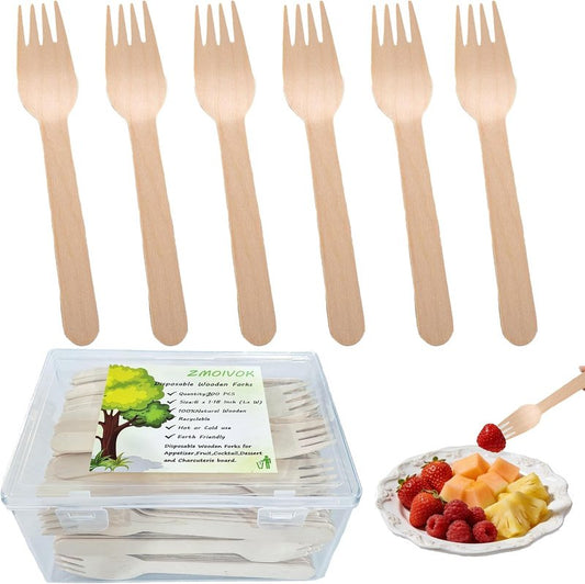 Disposable Wooden Forks - 200 Pack Biodegradable Charcuterie Utensils | 6-Inch Eco-Friendly Forks for Parties & Picnics