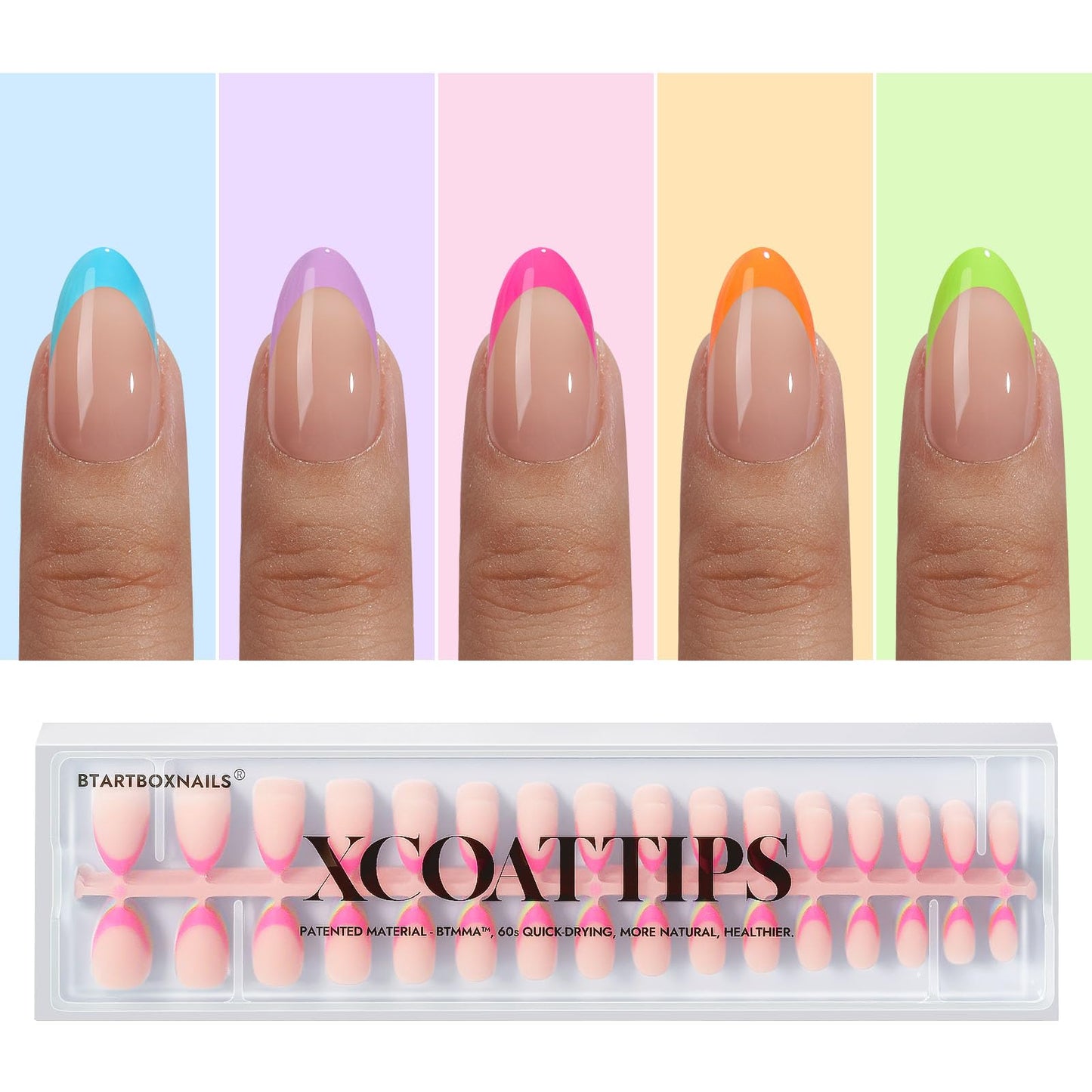 BTArtboxnails XCOATTIPS French Gel Nails - French Tip Press on Nails, Short Almond Nail Tips, Bright Pastel Soft Gel Nails False Nail, Soak Off Acrylic Fake Nails Art Extensions