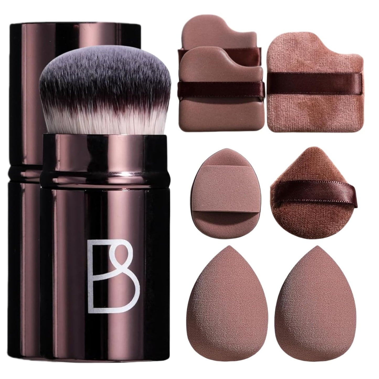Kabuki Brush Makeup Sponge Set - 8 Essential Tools for Flawless Application | Includes Foundation Brush & Powder Puff