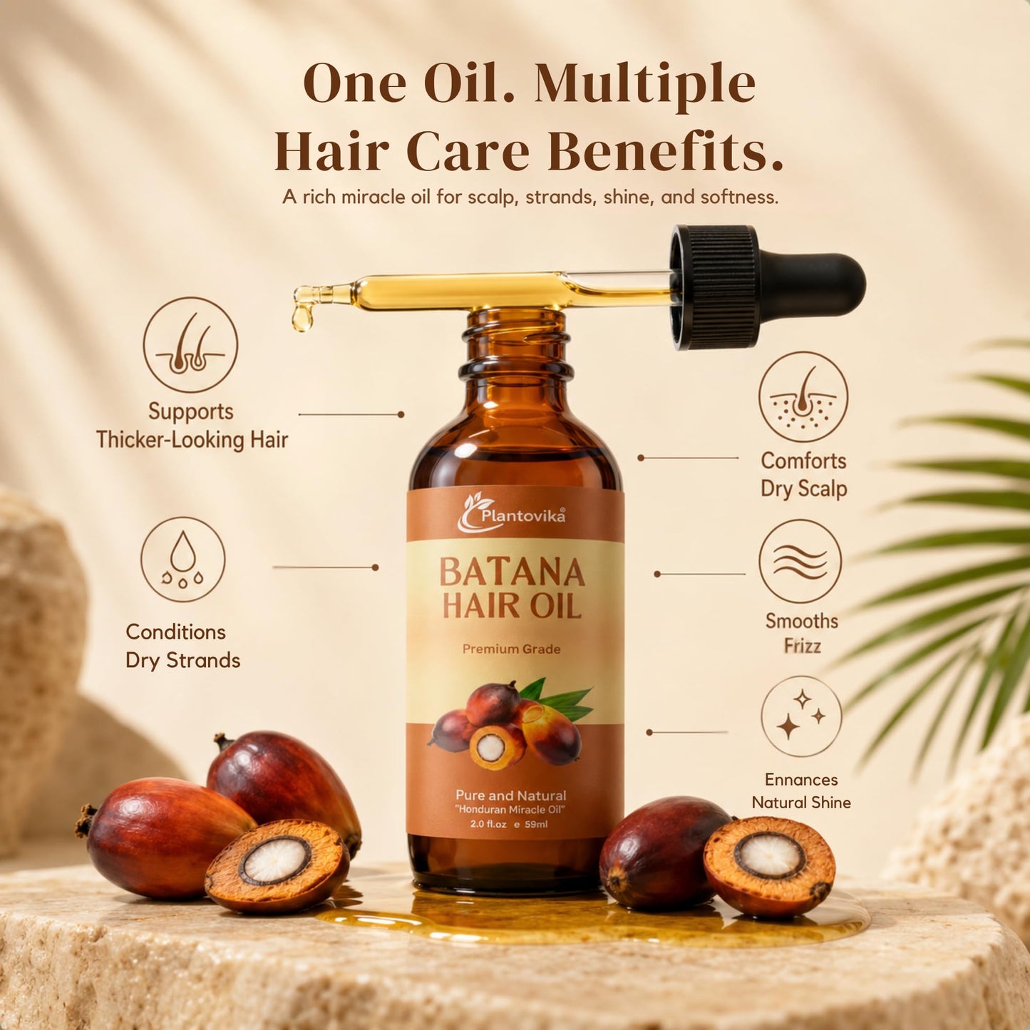 Plantovika Batana Oil for Hair Growth, 100% Pure Honduran Cold-Pressed Raw Unrefined Hair Mask & Scalp Treatment, Dr. Sebi Inspired for Damaged Hair, Men & Women, All Hair Types, 2 fl oz