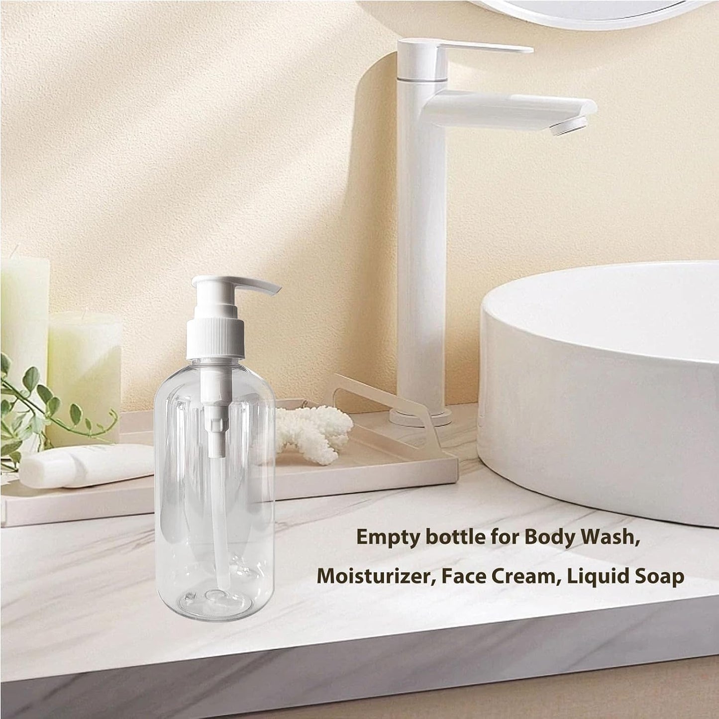 Empty Plastic Pump Dispenser Bottles - 8 oz Clear/White | Refillable Containers for Body Wash, Moisturizer & Liquid Soap