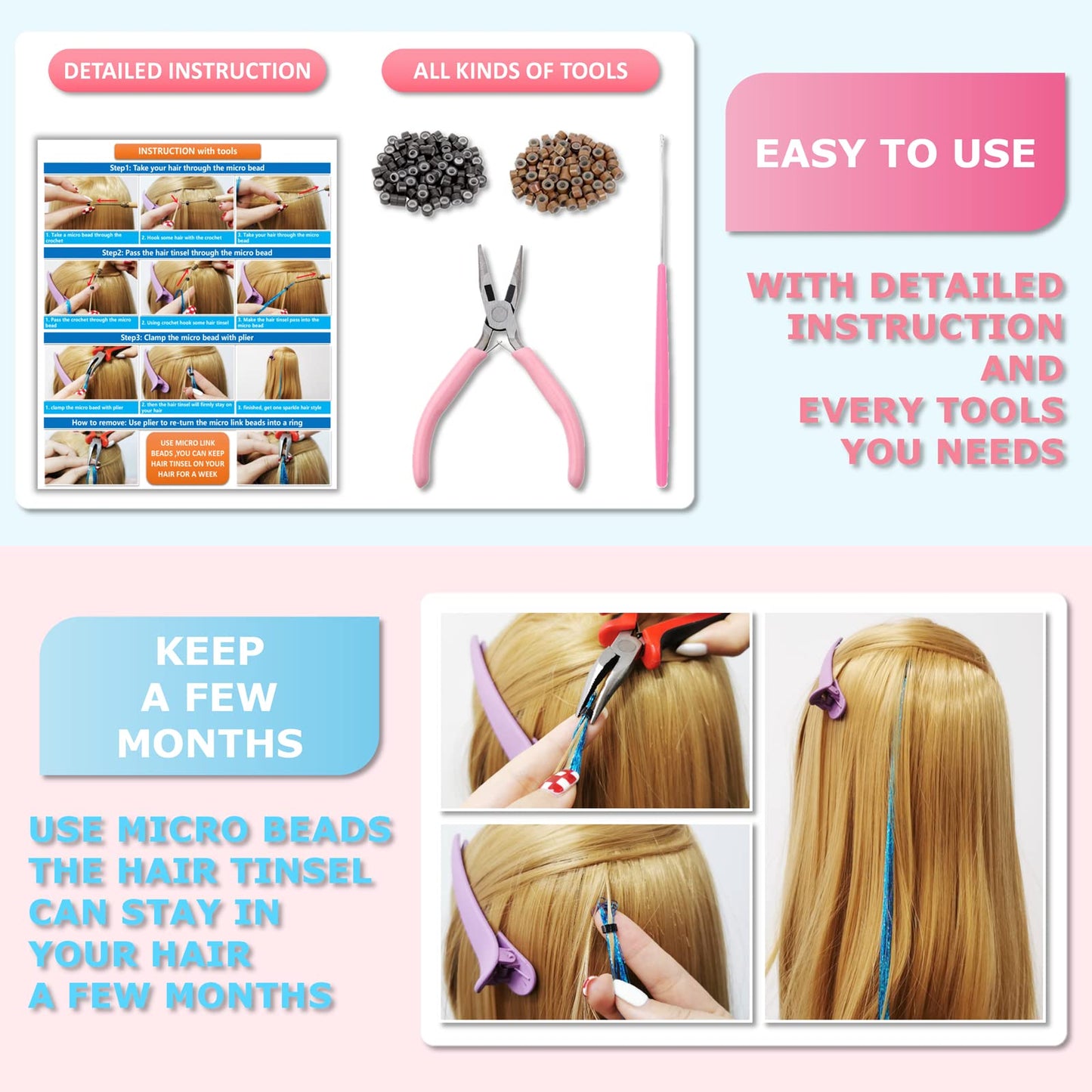 Rainbow Hair Tinsel Kit with Tools and Instruction Easy to Use 1200 Strands 48 Inches Glitter Tinsel Hair Extensions for Women and Girls, Sparkling Shinny Fairy Hair Accessories for Christmas New Year Halloween Cosplay Party