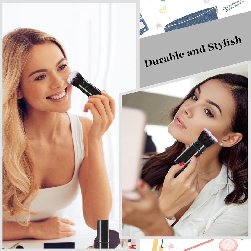 Retractable Kabuki Makeup Brush Set - 2 Pack Travel Brushes for Powder, Cream & Liquid Cosmetics | Aluminum Handle