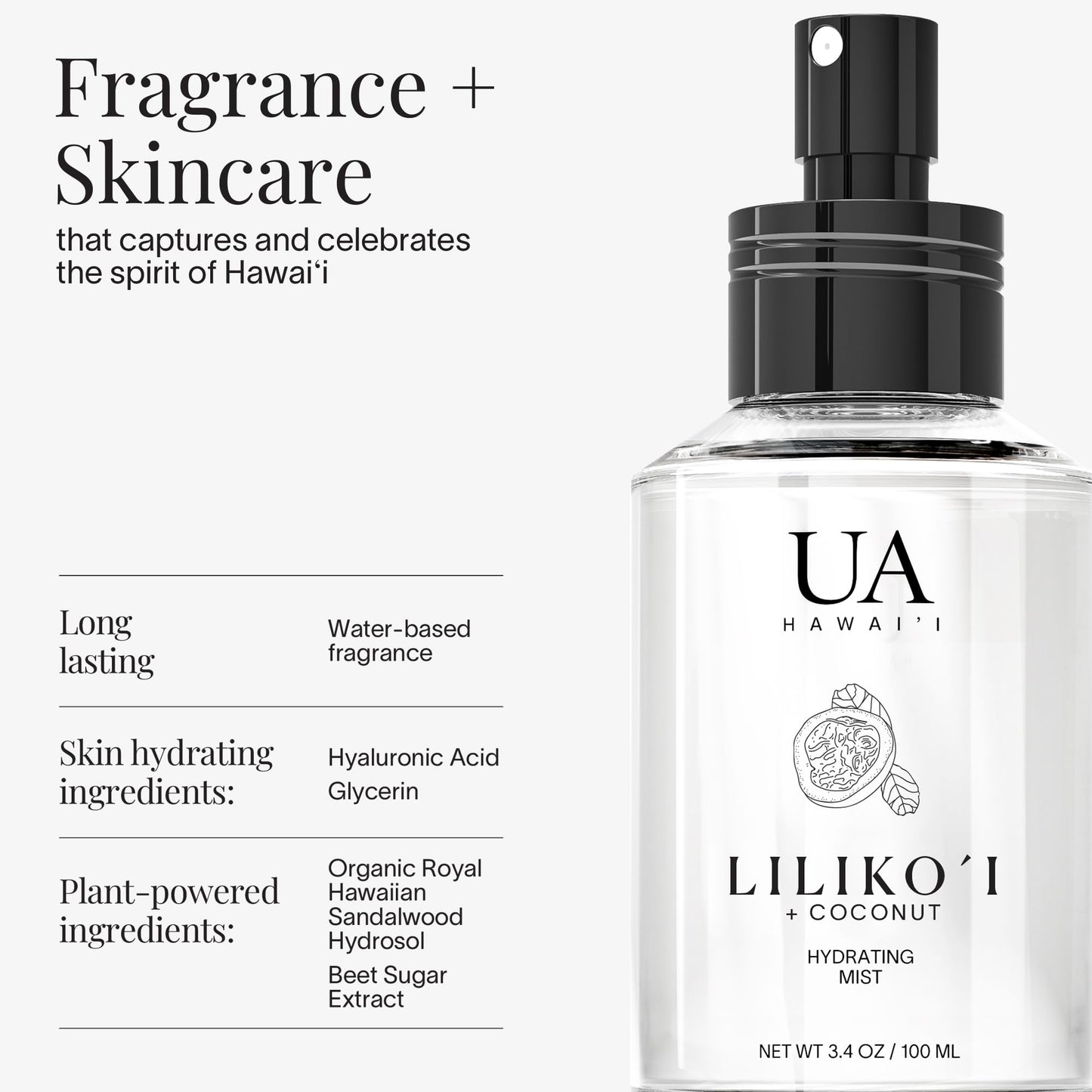 Lilikoi Coconut Body and Hair Mist from Hawaii, Hair Perfume for a Light, Hydrating Refresh, Body Mist for Women and Men, Alcohol-Free, With Moisturizing Hyaluronic Acid & Glycerin, 3.4 oz