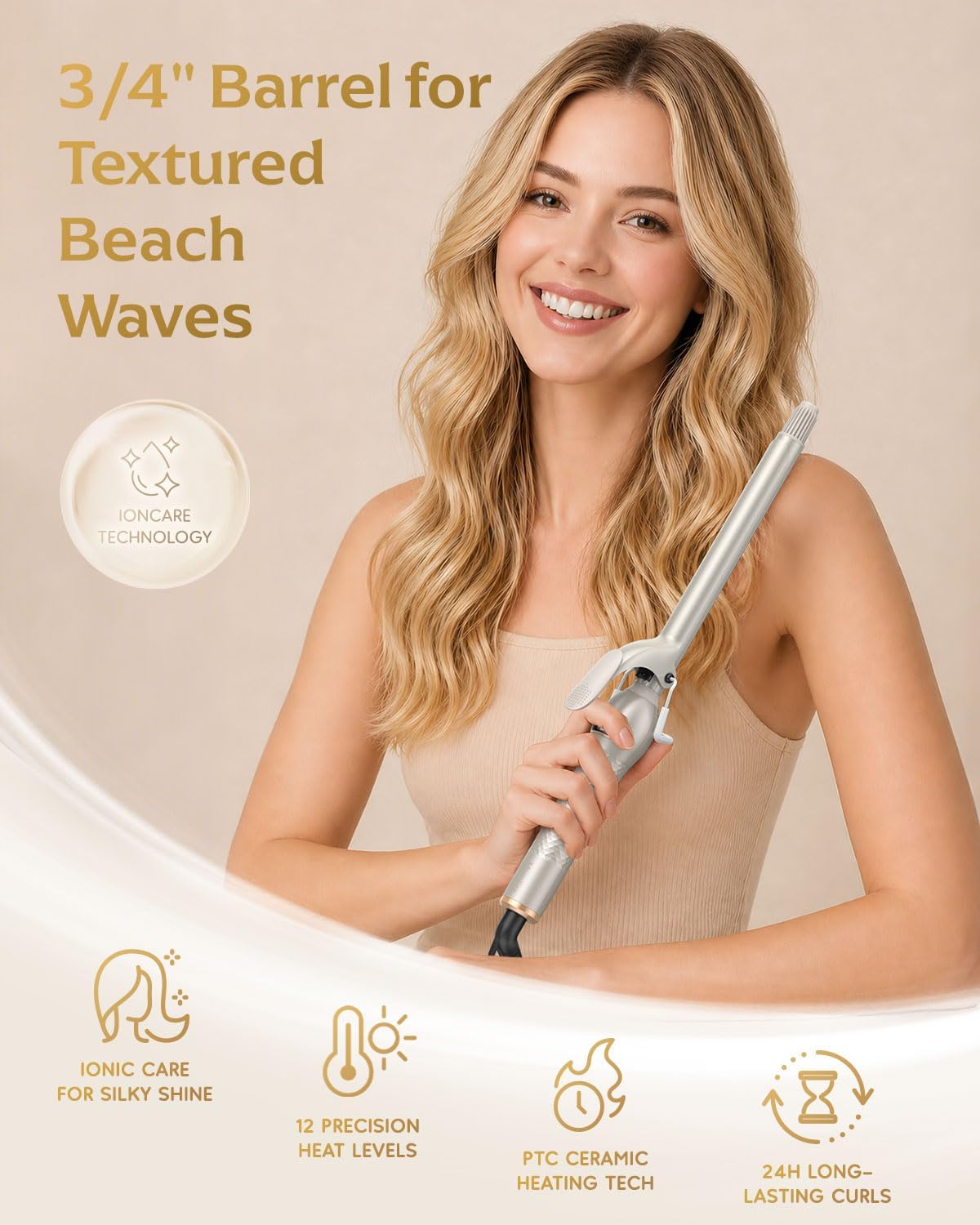 3/4 Inch Curling Iron - Small Barrel Ceramic Wand with Dual PTC Heating & 12 Temperature Settings | Gold