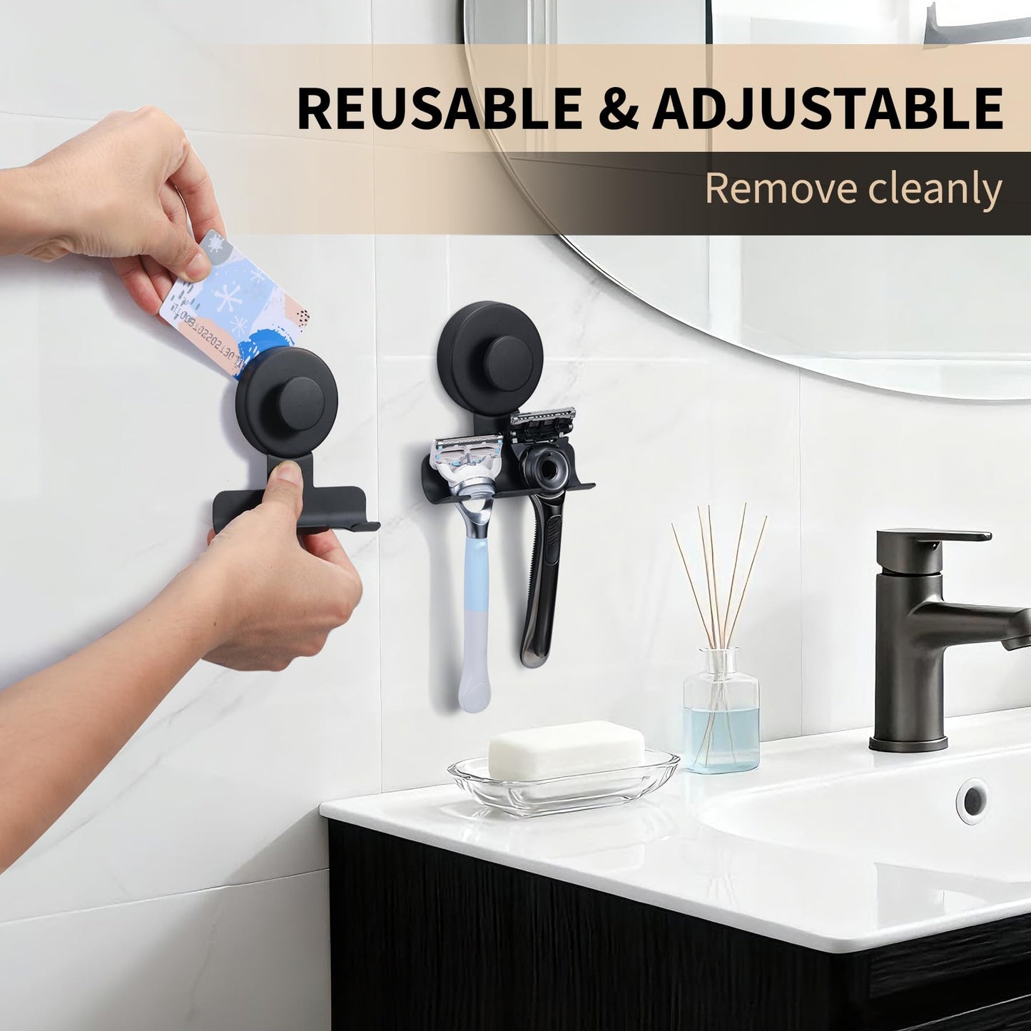 Fenas Suction Cup Razor and Shaver Holder for Shower Wall, Stainless Steel Reusable Suction Hook for Towel and Loofah, Damage-Free Installation (2, Matte Black)