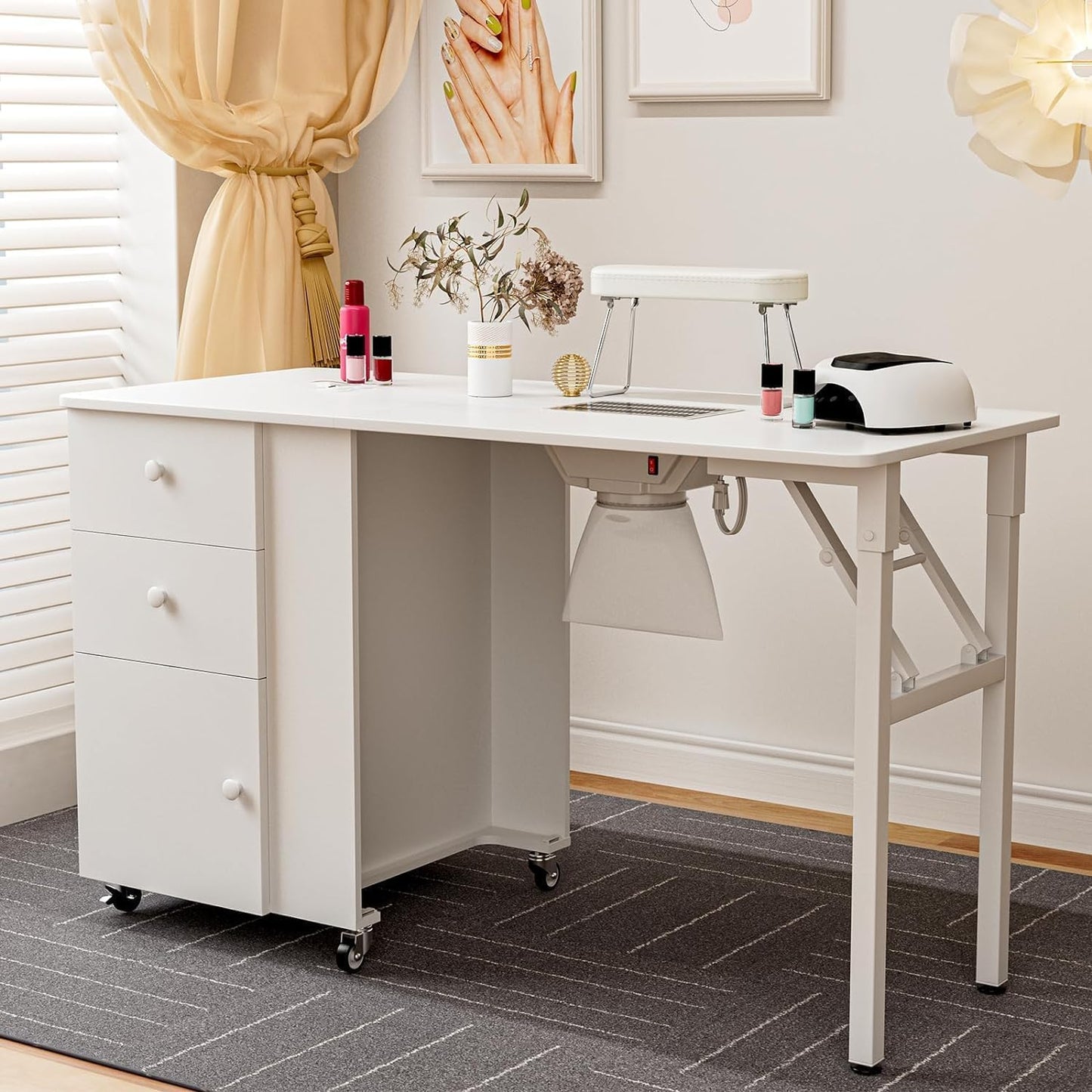 Foldable Manicure Table - Portable Nail Desk with Electric Downdraft Vent | Lockable Wheels & Storage Drawers (White)
