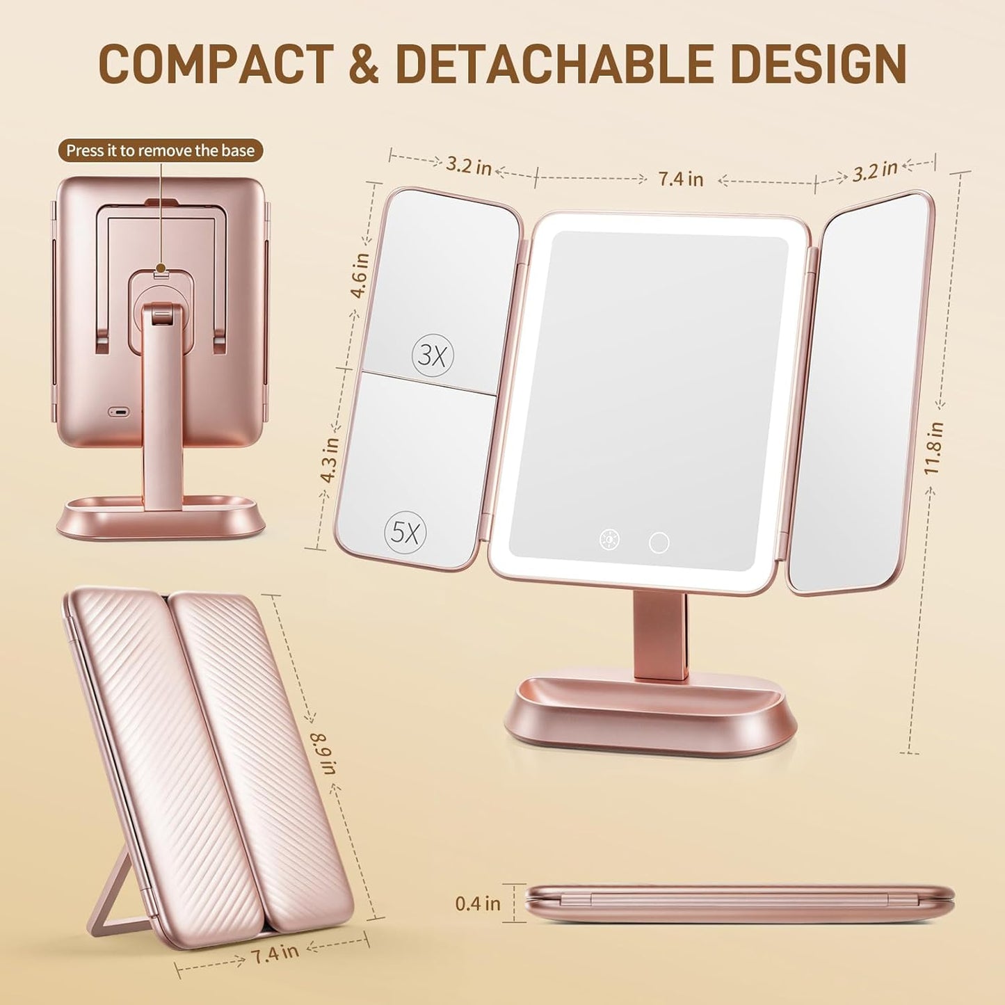 Lighted Makeup Mirror - 1X/3X/5X Magnification, Elegant Rose Gold Trifold Vanity Mirror with Smart Touch & 3 Lighting Modes | Portable Rechargeable Design