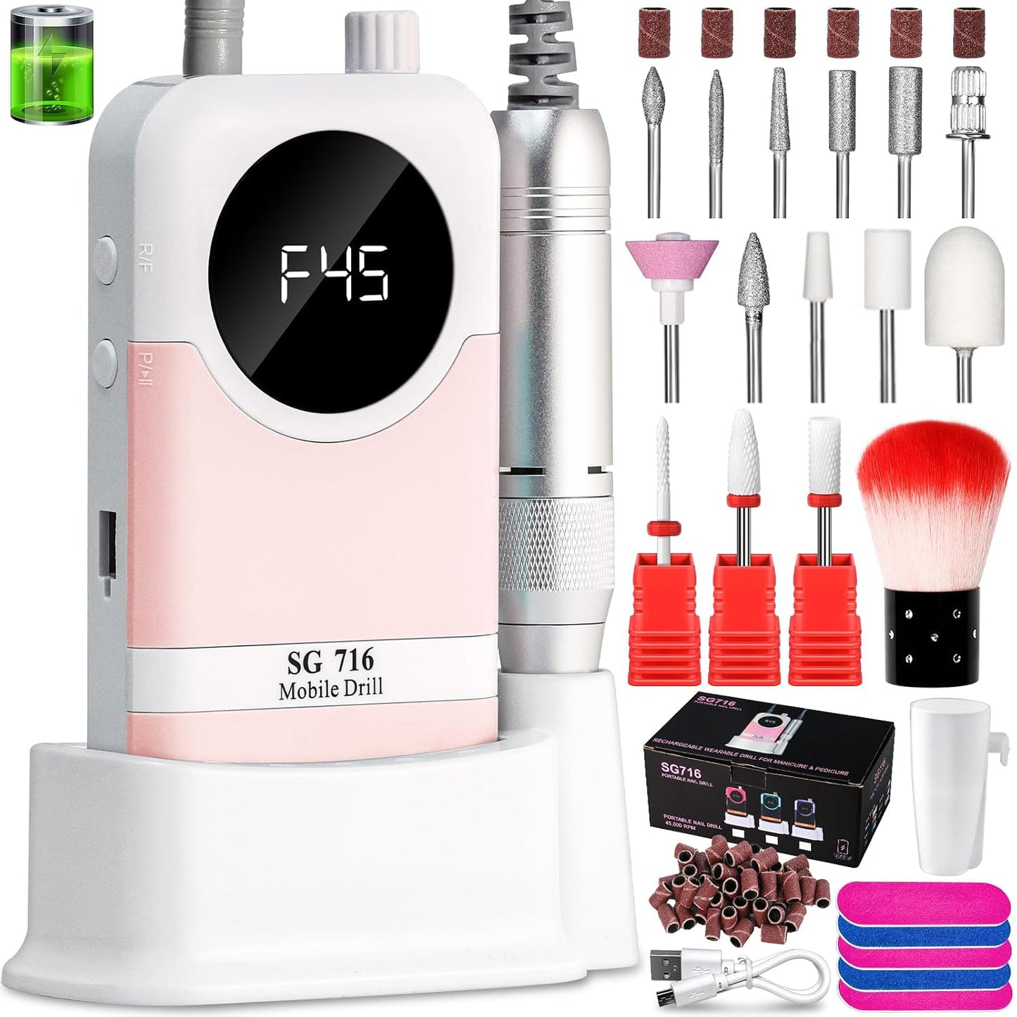 Professional Electric Nail Drill Kit - 45000RPM Cordless Toenail Machine with 14 Drill Bits | Portable Green