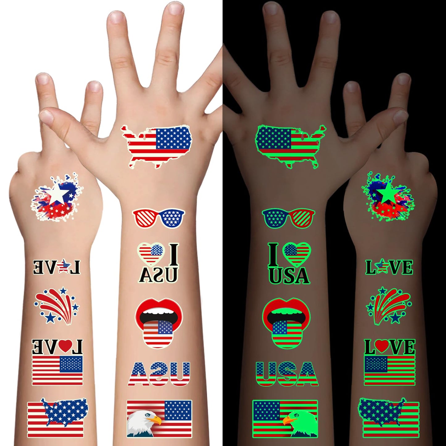 Awinmay 80 Pcs Luminous 4th of July Temporary Tattoos for Kids, American Flag Red White and Blue Decor, Fourth of July, USA Party Favors, Memorial Day, Independence Day, Labor Day Glow Party Supplies