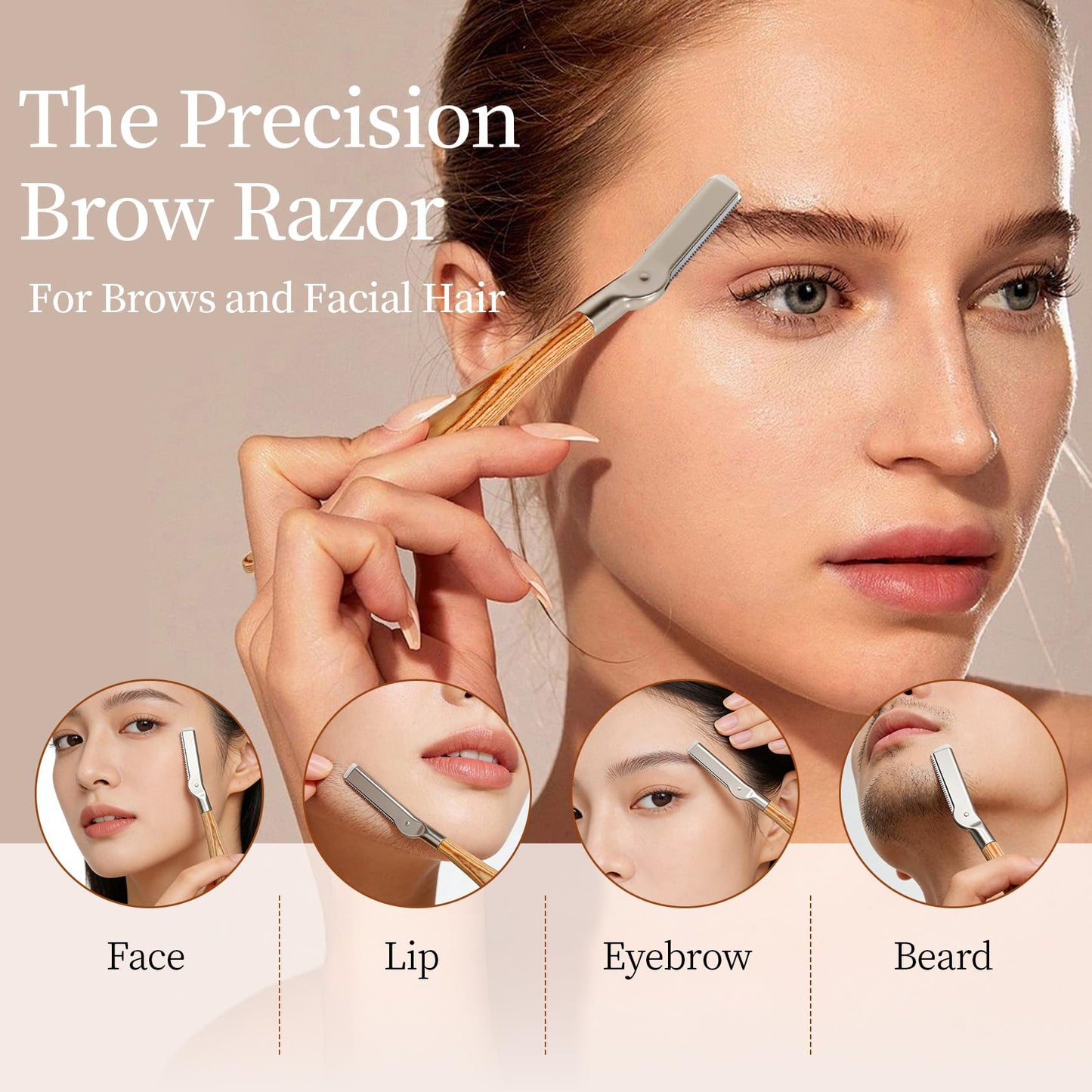 ZiLORA Wooden Eyebrow Razor - 8 Replacement Blades & Leather Pouch - Precision Eyebrow Trimmer & Dermaplaning Tool for Face Peach Fuzz, Lip Hair - Safety Mesh Guard