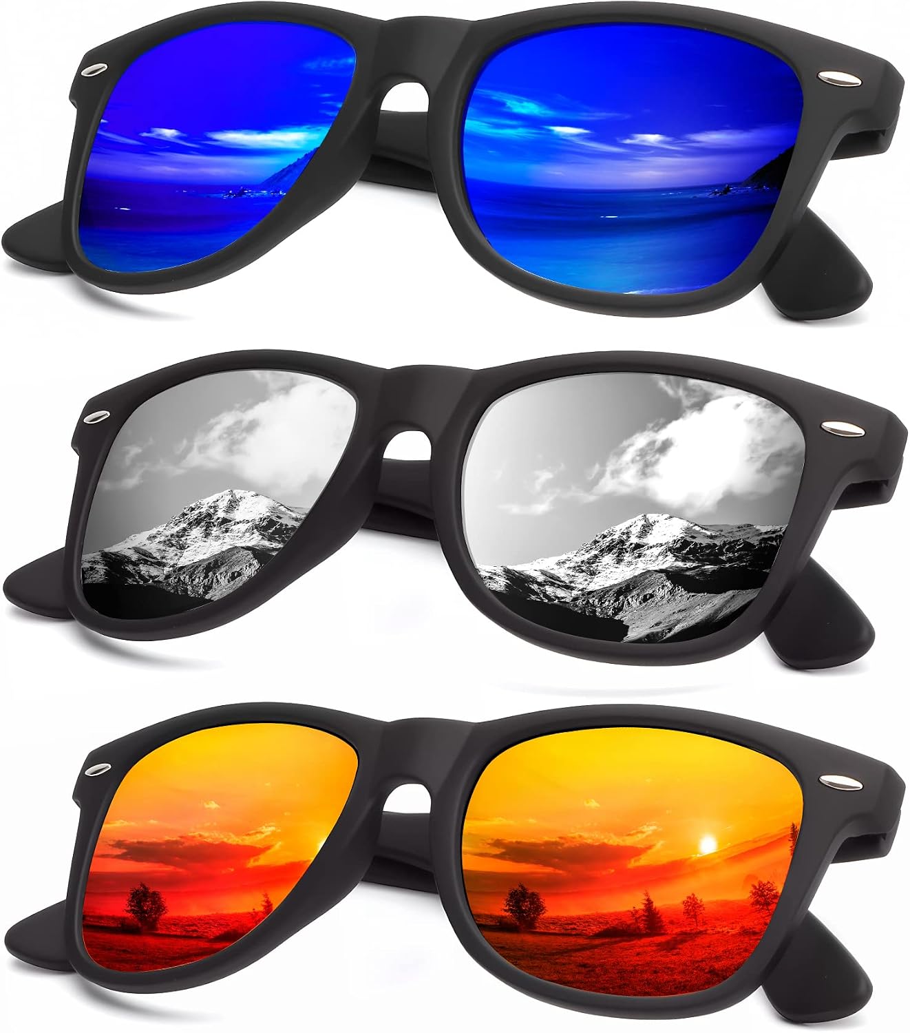 KALIYADI Polarized Sunglasses - Matte Finish, UV Blocking, Color Mirror Lenses | 3-Pack for Men & Women