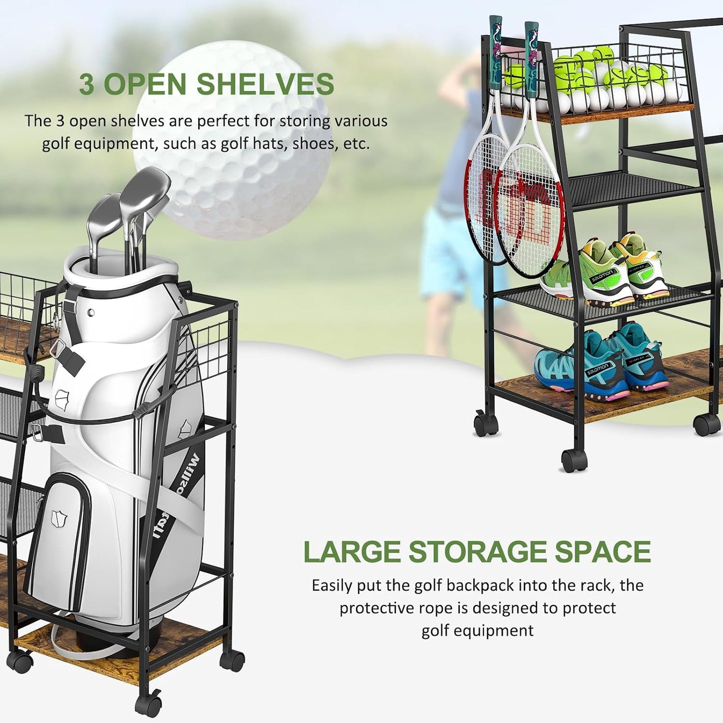 Golf Bag Storage Rack with Wheels - Organizer for Single Bag & Accessories | Sturdy Wood & Metal Construction (Black)