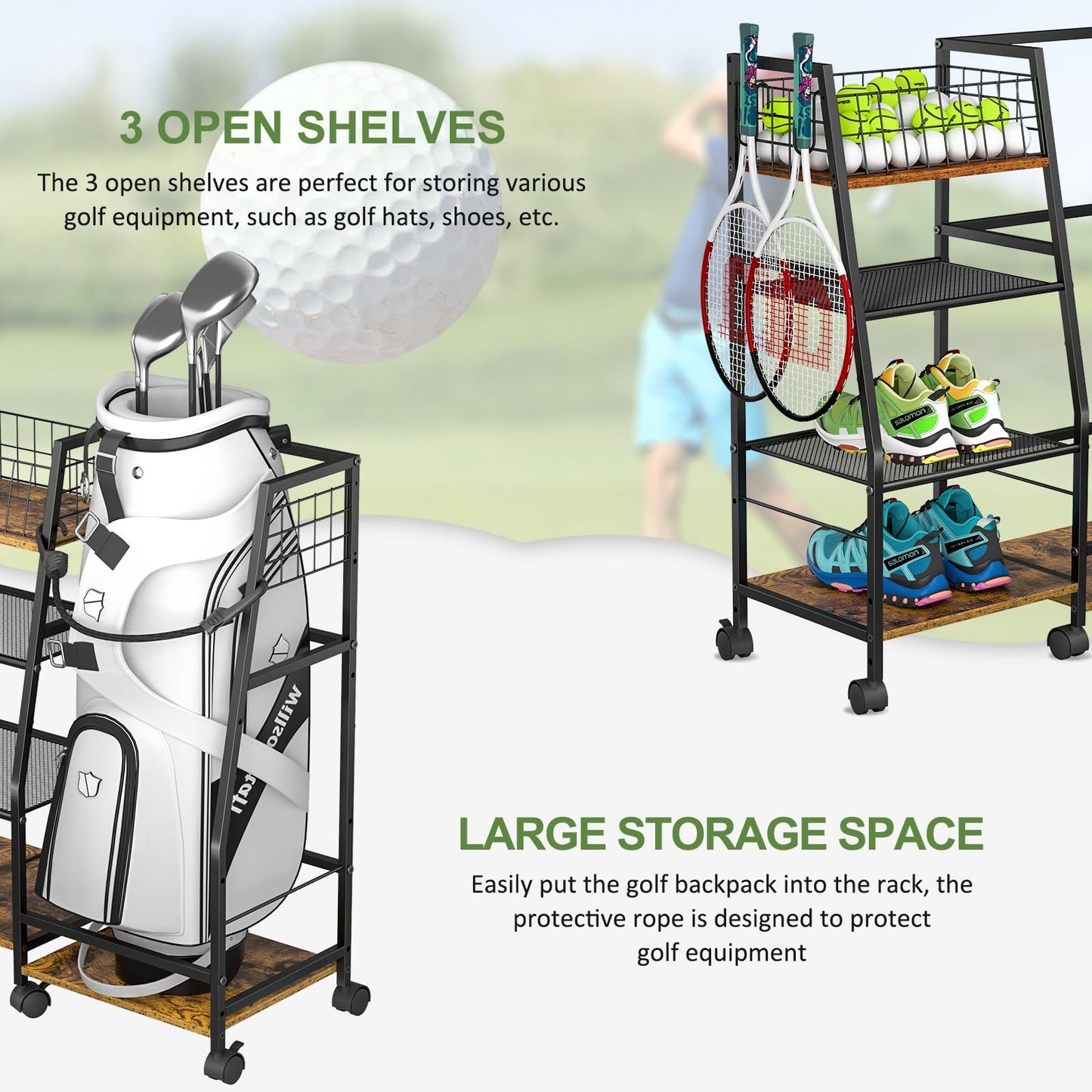 DAOUTIME Golf Bag Garage Storage Rack with Wheels, Organizer for Single Golf Bag and Equipment Accessories, Ideal for Home, Garage, Club, Shed, Basement - Sturdy Wood and Metal Construction (Black)