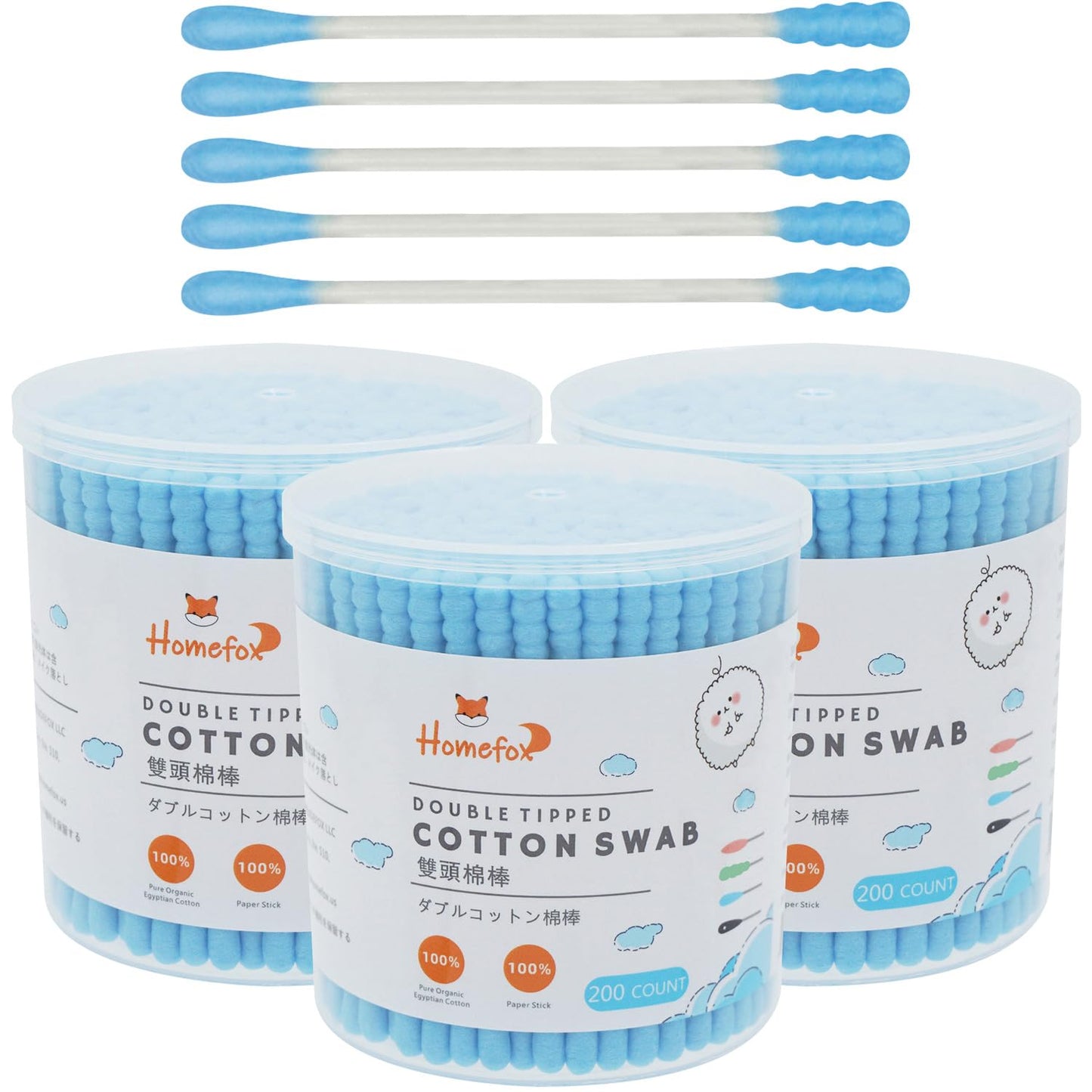 Blue Cotton Swabs - 200 Count Organic Spiral Cotton Buds | Lint-Free, Soft Tips, Double-Sided