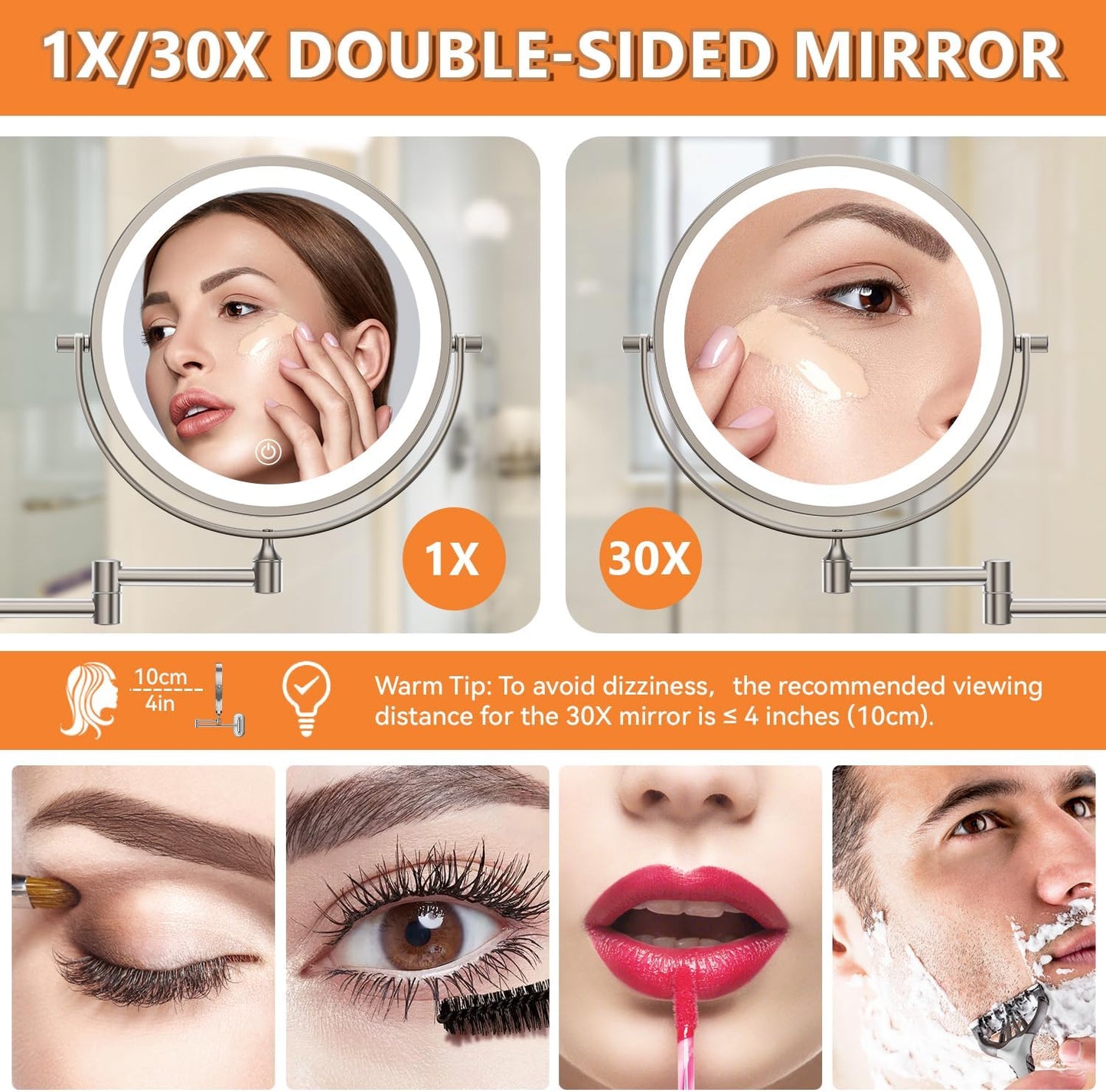 Lighted Makeup Mirror - 1X/30X Double-Sided Magnifying Mirror with 3 Color Touch Dimmable Lights | 8" Rechargeable, 360° Rotating Arm, Brushed Nickel