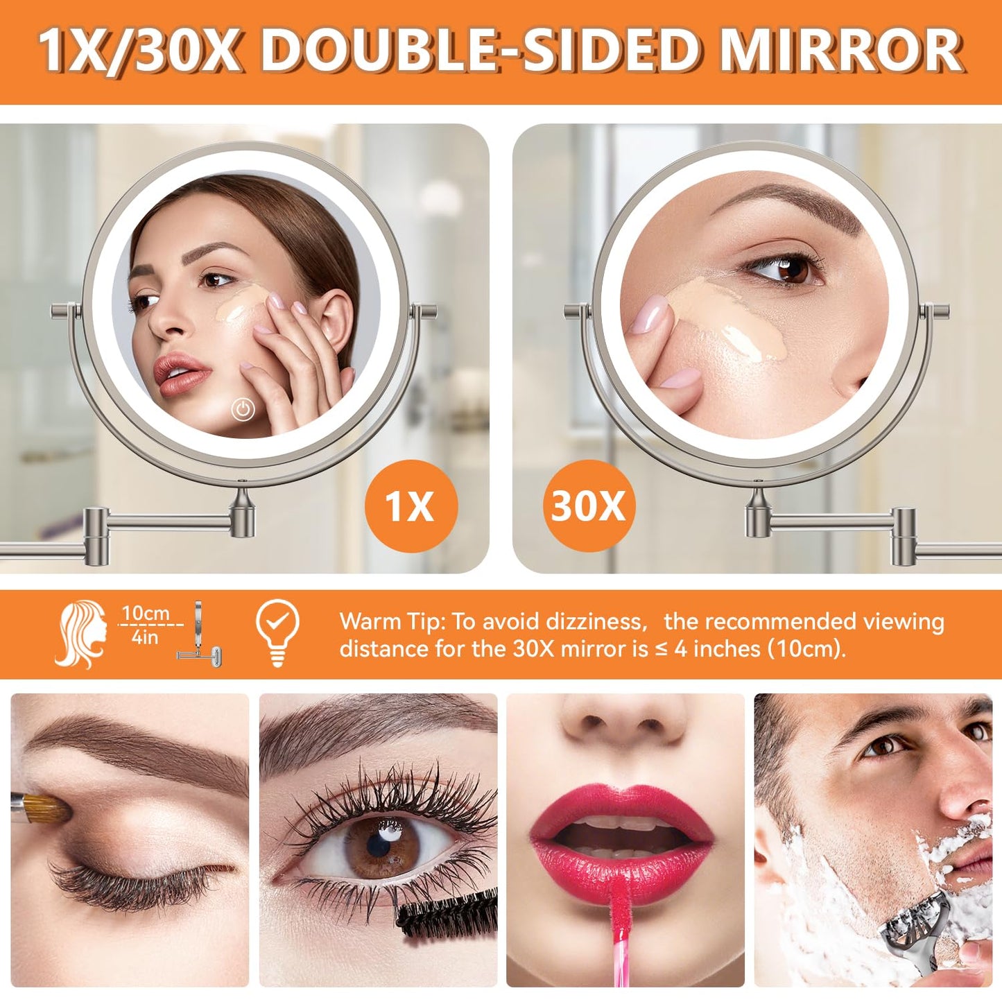 Auxmir 1X/30X Wall Mounted Lighted Makeup Mirror, 8" 3200 mAh Rechargeable Double-Sided Magnifying Mirror, Touch Dimmable 3 Color Lights, 360° Rotating Foldable 14.5" Extension Arm, Brushed Nickel