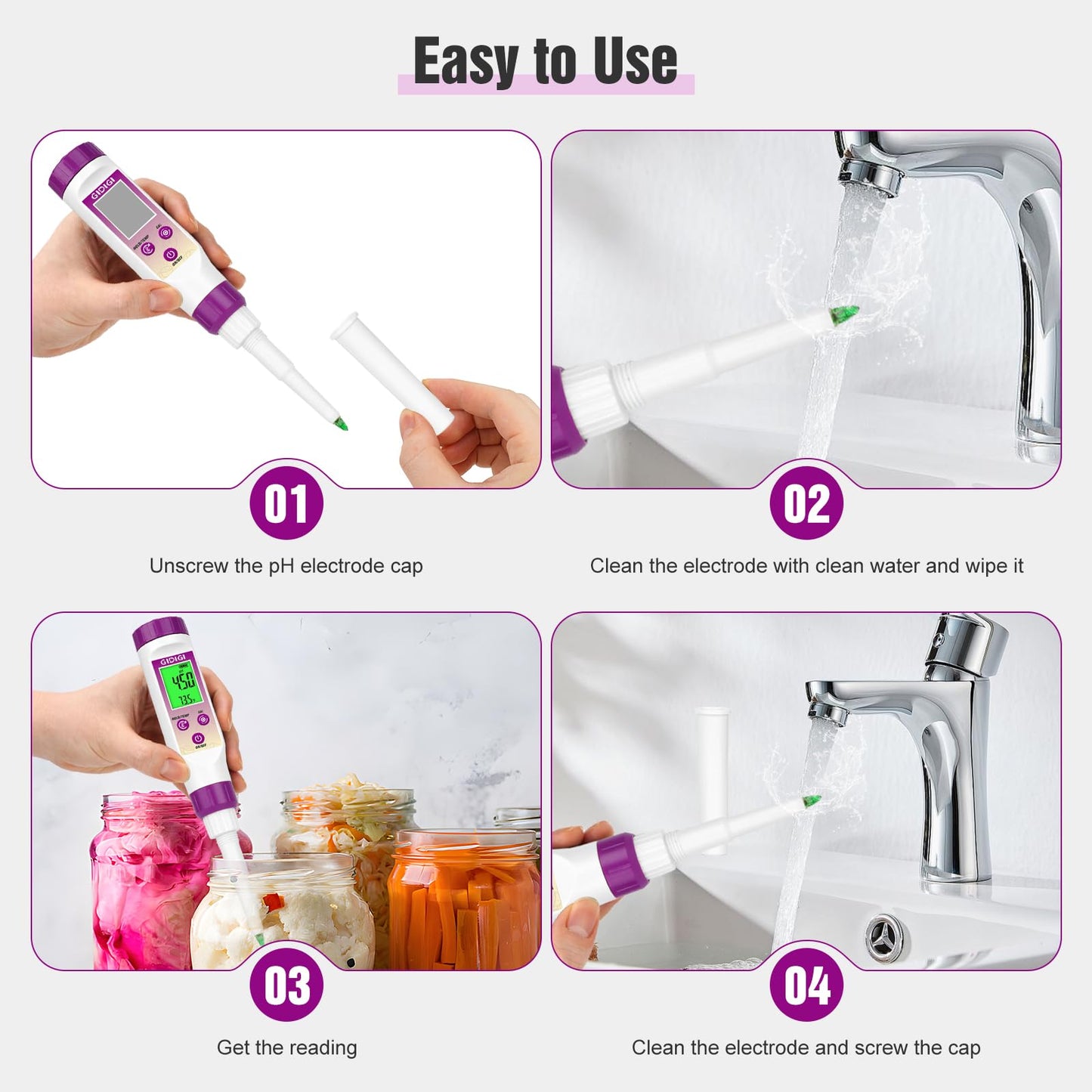 GIDIGI pH Meter for Food, Digital Electronic pH Tester for Fermentation, 3 * 50ml pH Calibration Solution Kits Hot Sauce, Food Tester Probe for Cheese, Sourdough, Salsa, pH Test Strips for Acidity