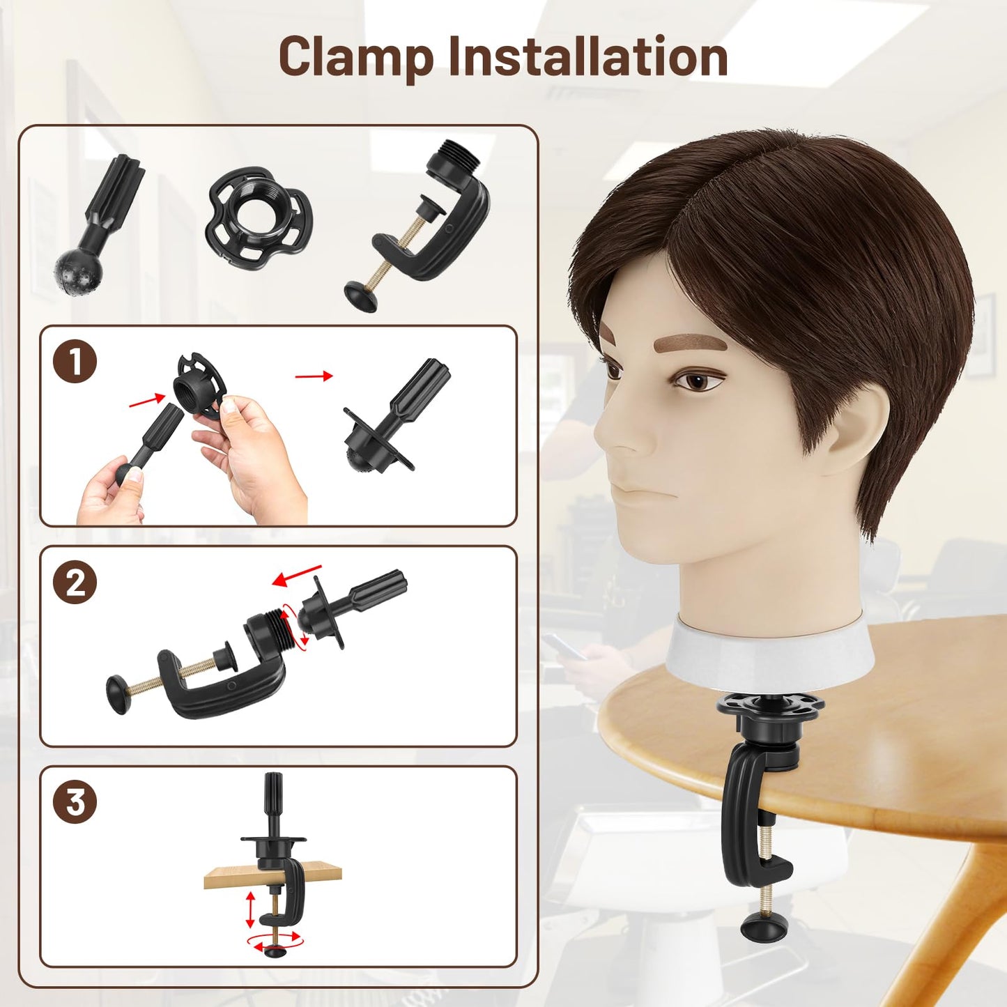 Barber Mannequin Head, 100% Real Brown Human Hair Male Head with Table Clamp, 8" Professional Hairdresser Training Doll Manikin Head for Practicing Hair Cutting and Styling