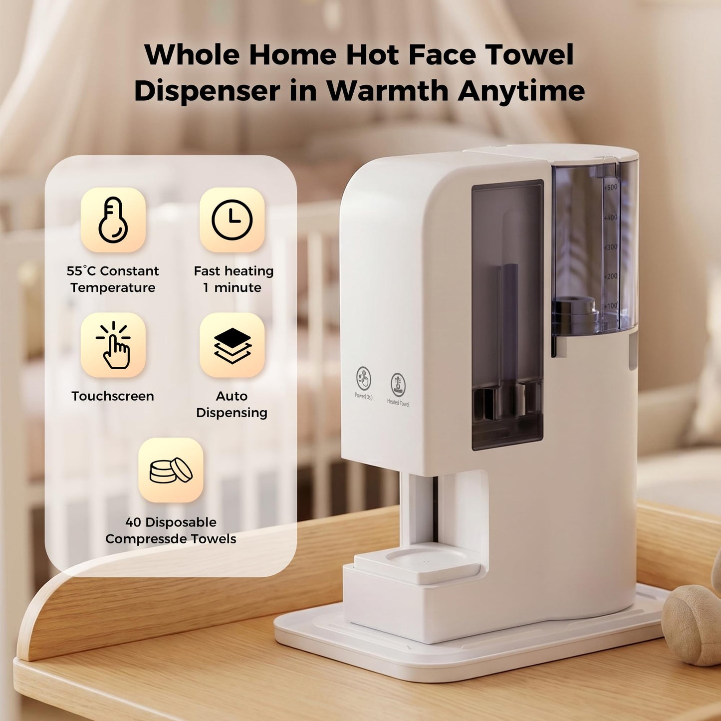 Hot Towel Dispenser, Hot Towel Warmer Heated Face Towel Machine（Spa Hot Towel Warmers + 40PCS Towels), 55°C Constant Temperature, Auto Heating & Dispensing, 12Hours Standby, Voice Alerts