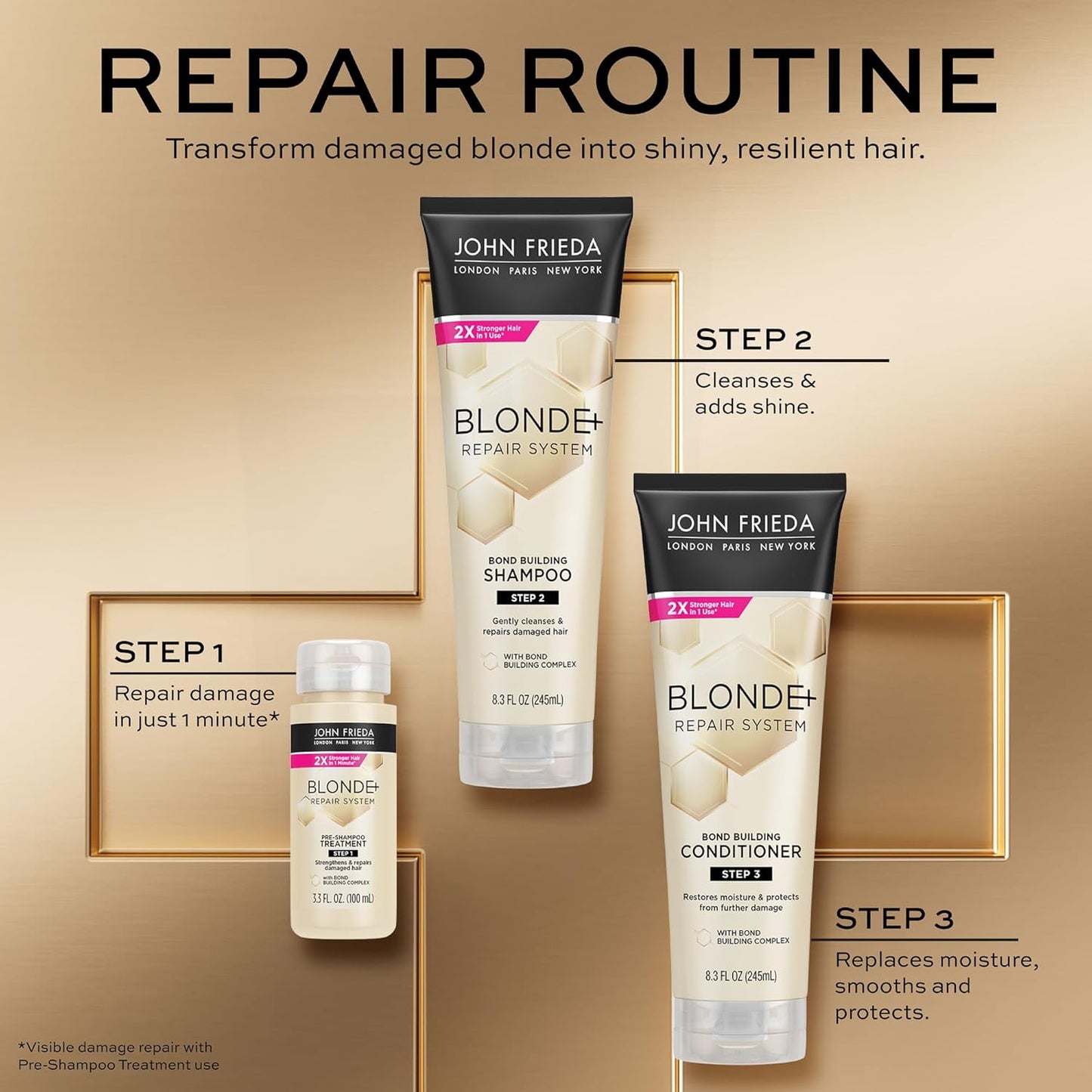 John Frieda Blonde+ Hair Repair Treatment - Bond Building Complex for Damaged Hair | 3.3 Oz