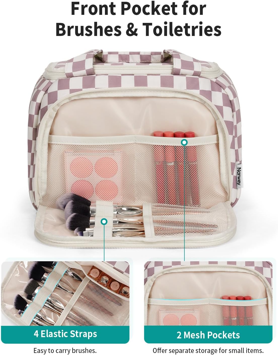 Checkered Travel Toiletry Bag for Women - Large Makeup Organizer with Handle | Dusty Pink Checkerboard