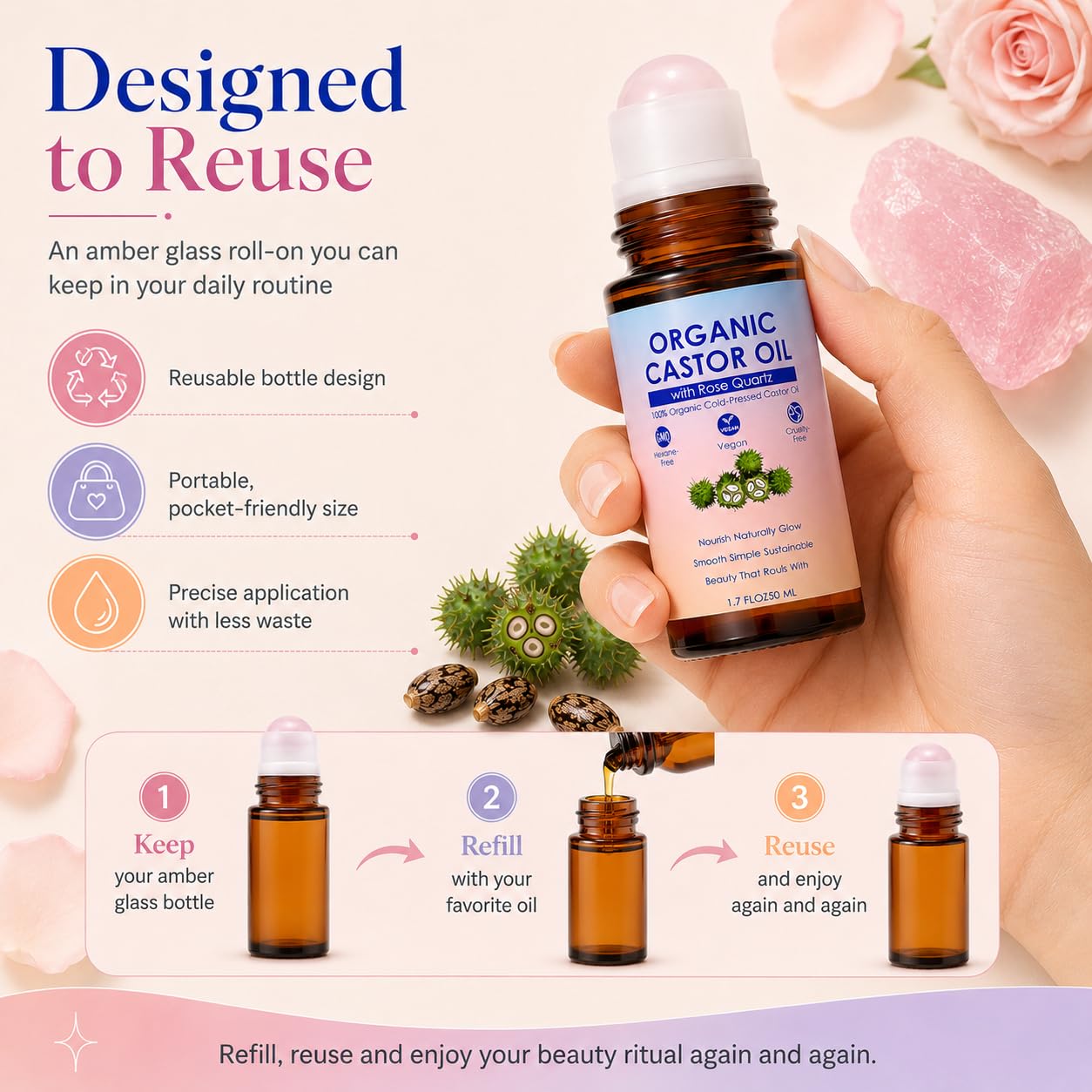 Organic Castor Oil with Rose Quartz Roller - 100% Pure Cold-Pressed, Hexane-Free | 1.7oz Amber Glass Bottle for Skin Care