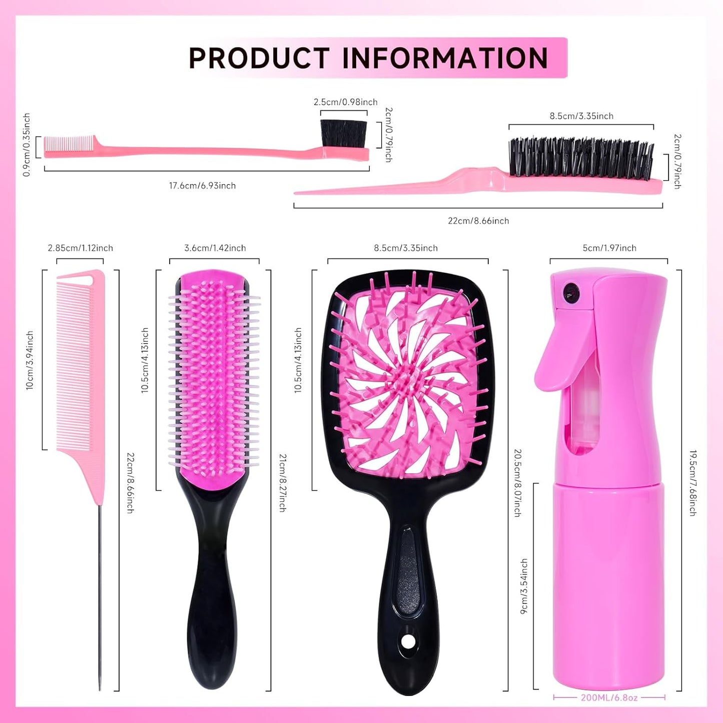 Detangle Hair Brush Set - 11 Pcs with Spray Bottle | Smooth Brushes for Adults & Toddlers - Pink