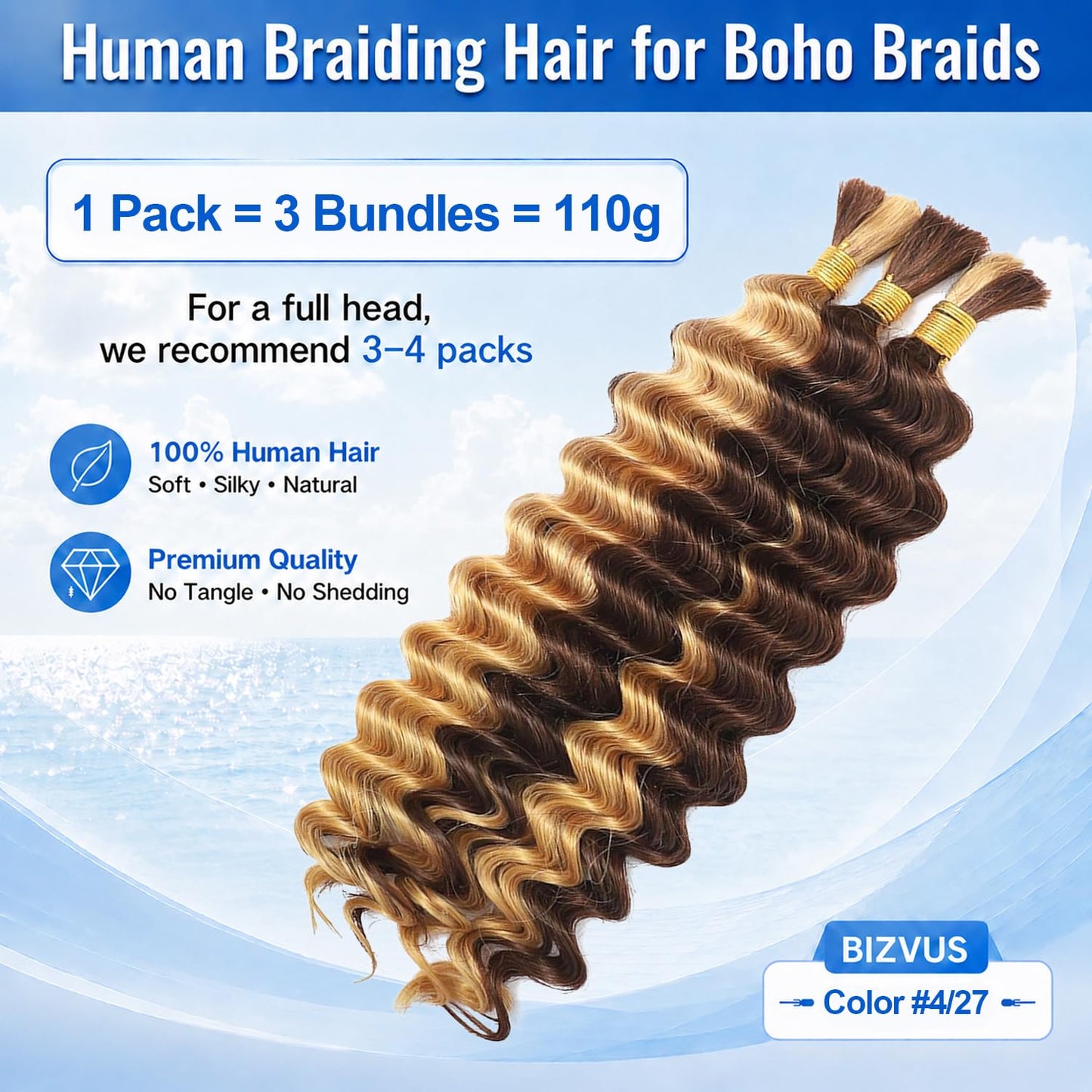 BIZVUS Human Braiding Hair for Boho Braids 110g Deep Wave Boho Bulk Human Hair for Braiding Knotless 12A Wet and Wavy Bulk Bohemian Curly 3 Bundles/Pack #4/27 Ombre Balayage Color 16 inch