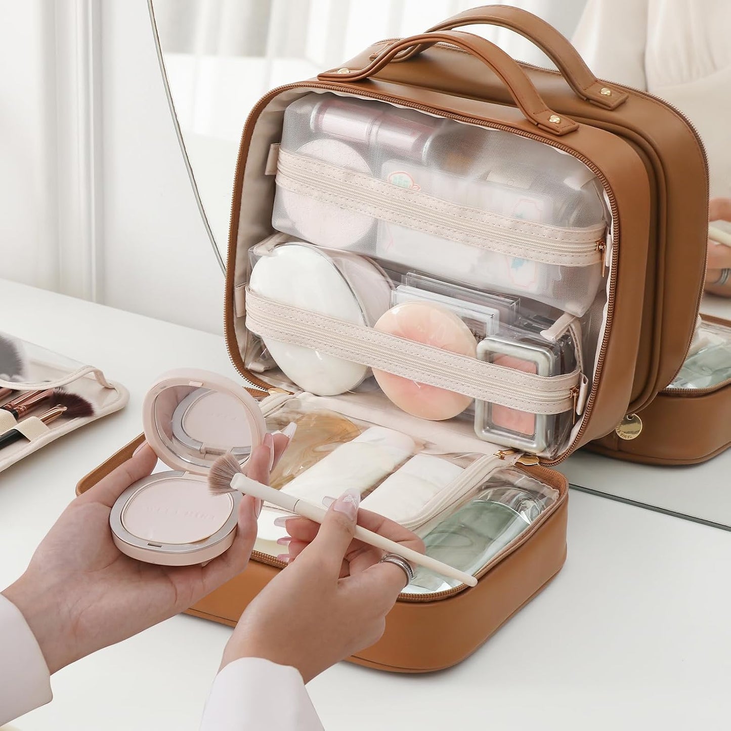 Travel Toiletry Bag for Women - Waterproof Makeup Organizer with Compartments | Portable Cosmetic Case in Brown