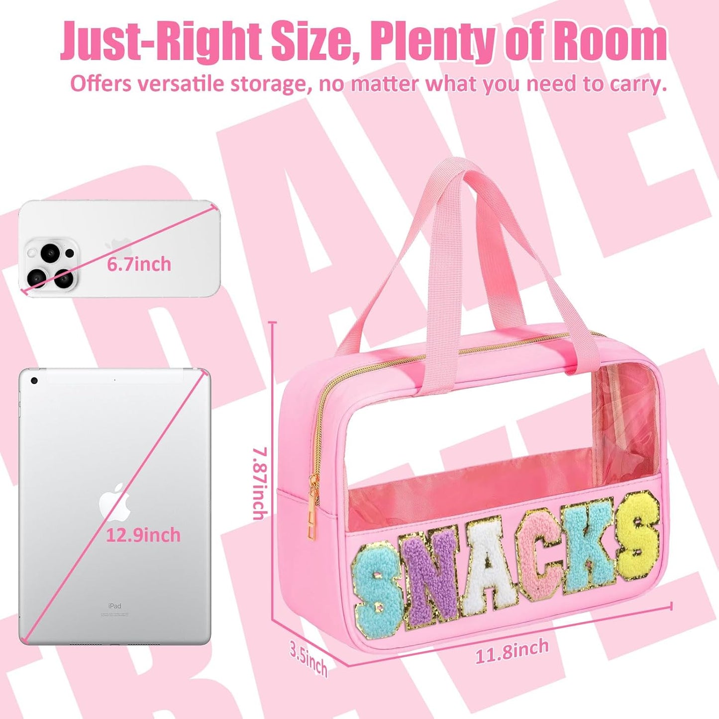 Chenille Letter Patch Clear Travel Bag - Waterproof PVC & Nylon Makeup Organizer | Large Size for Women & Girls