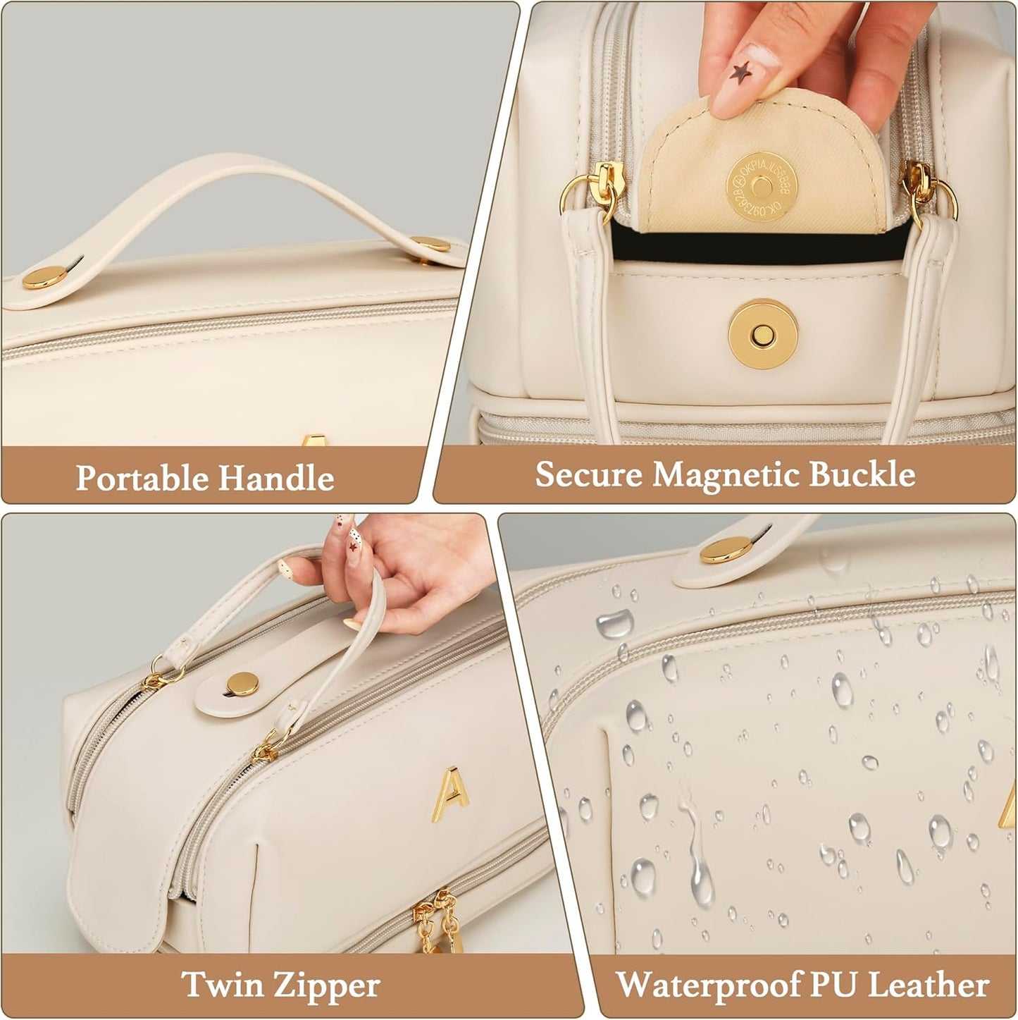 Personalized Makeup Bag for Women - Large Capacity Travel Toiletry Organizer | Beige A