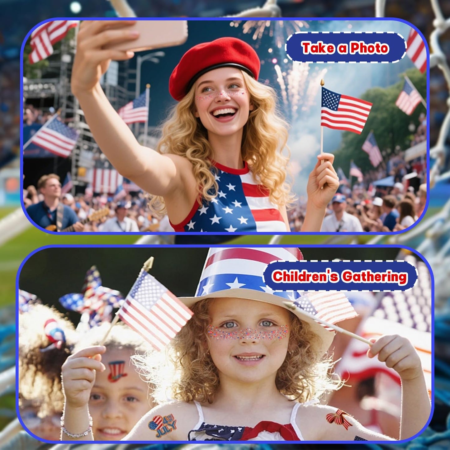USA Flag Glitter Freckles - 8 Pcs Red, White & Blue Face Tattoos for 4th of July & Memorial Day