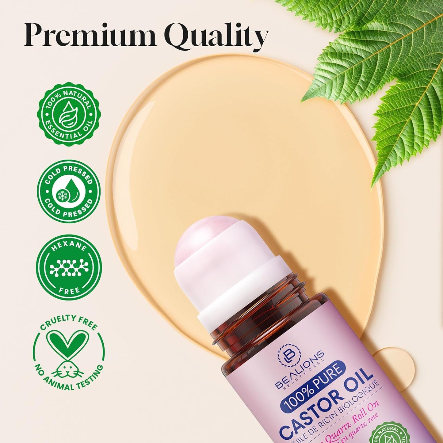 Organic Castor Oil Roll-On | Rose Quartz Roller Ball for Fine Lines, Wrinkles & Puffiness - Ideal Birthday Gift for Women 35+