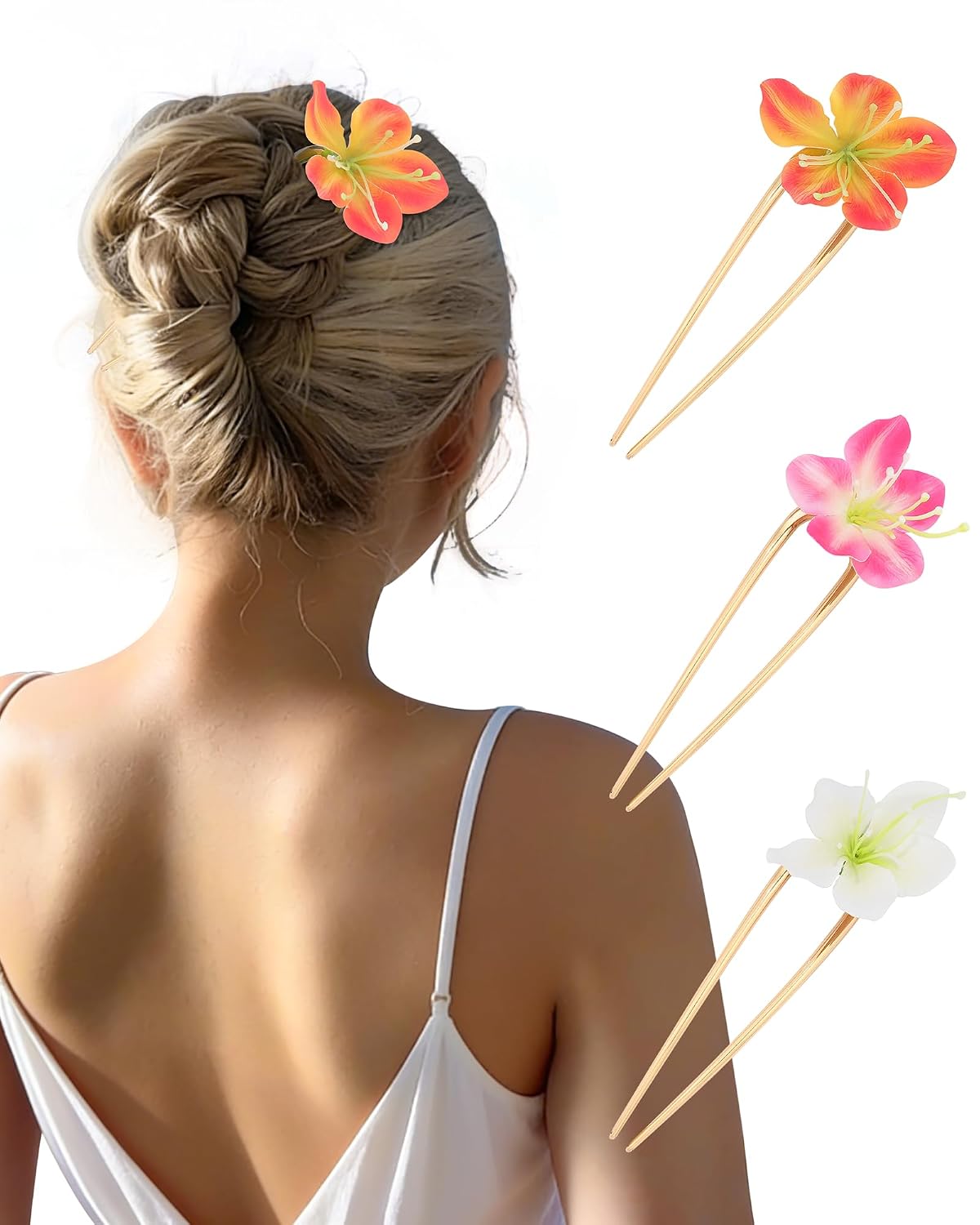 Hawaiian Orchid Flower Hair Pins - 3 Pack Metal Hair Sticks for Thick Hair Updos | Perfect for Beach Vacations
