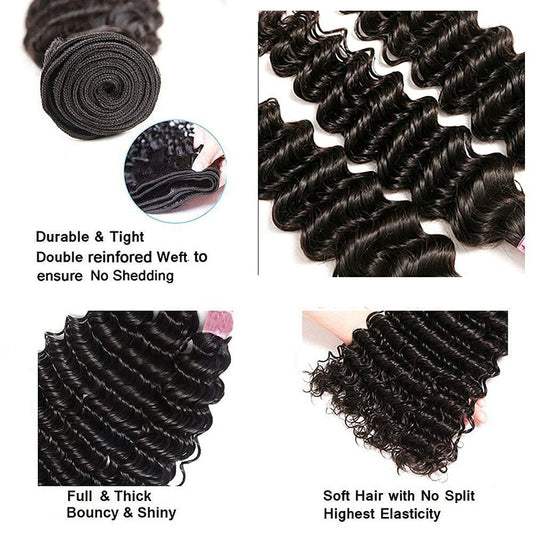 Deep Wave Bundles Human Hair 24 26 28 Inch Human Hair 3 Bundles Unprocessed Brazilian Raw Weave Bundle Human Hair Extensions for Black Women Natural Color
