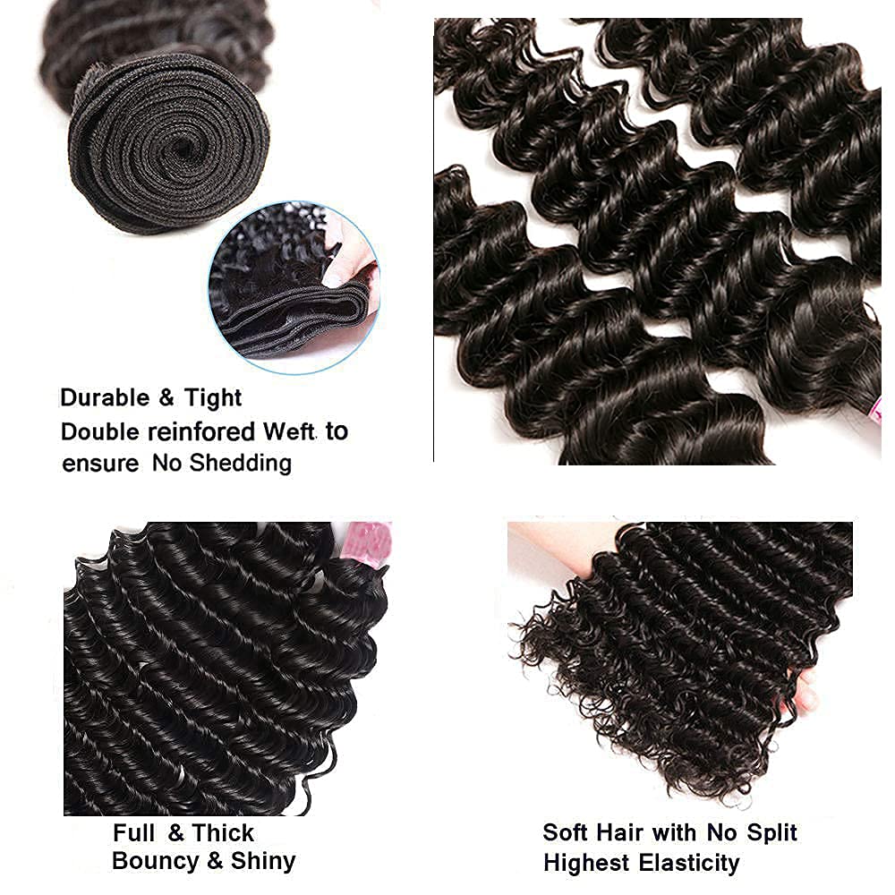 Deep Wave Bundles Human Hair 22 24 26 Inch Deep Wave Bundle #1B Natural Black Color Unprocessed Brazilian Virgin Weave Hair 3 Bundle 50 Gram Per Bundle for Black Women
