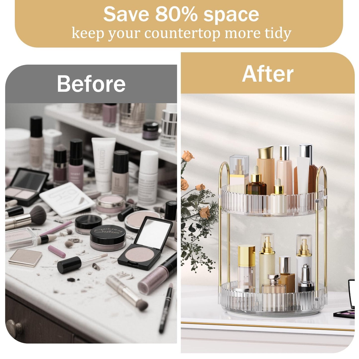 MOKANI 360 Rotating Makeup Organizer for Vanity, 2 Tier Adjustable Perfume Organizer for Dresser, Multi-Function Spinning Cosmetics Skincare Storage for Bedroom, Dresser, Countertop, Clear