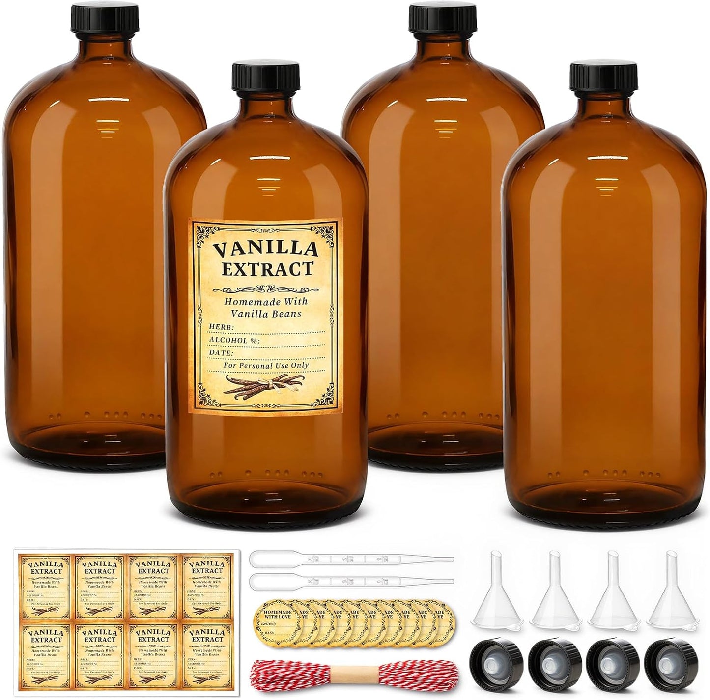 15oz Amber Glass Bottles - 16 Pack Boston Round with Airtight Caps for Extracts, Kombucha & Herbal Liquids