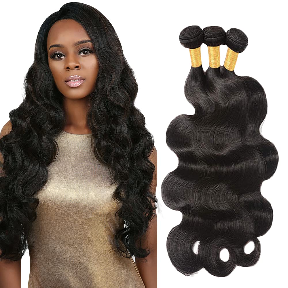 30 30 30 Inch #1B Body Wave Bundles Human Hair 3 Bundles 50 Grams Per Bundle 10A Grade Unprocessed Brazilian Virgin Hair Natural Black Color Body Wave Bundle Weaves Extensions for Black Women